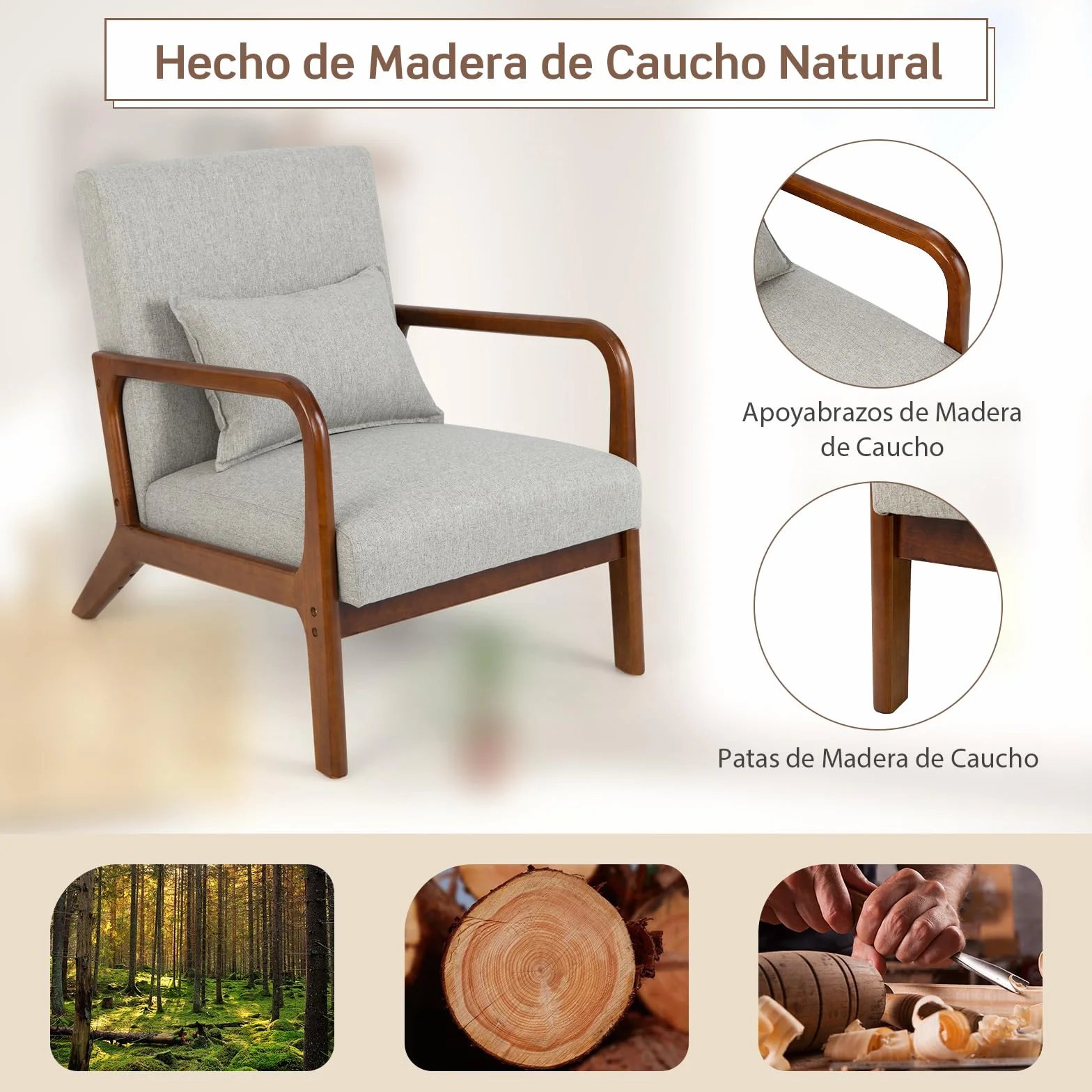 COSTWAY Silla Moderna de Madera, Butaca de Salon con Almohada Lumbar, Almohadillas de Fieltro Antideslizantes, Sillón de Lectura Tapizado en Tela, 79 x 65 x 77 cm (Gris)