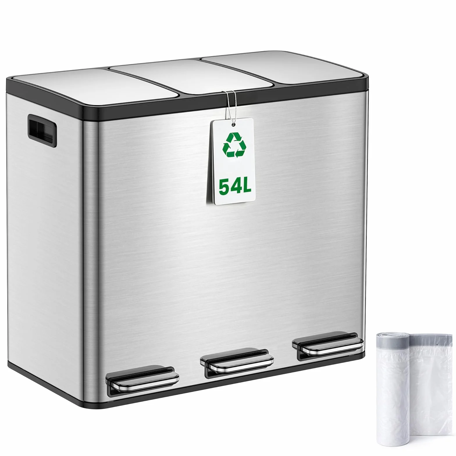 YEAUPE PRO Cubo Basura Cocina 54L Grande con Pedal, Triple Cubo 3x18L Acero Inoxidable, Papelera Cocina con Tapa Hermética y Cierre Suave, Cubeta Extraíble + 15 Bolsas