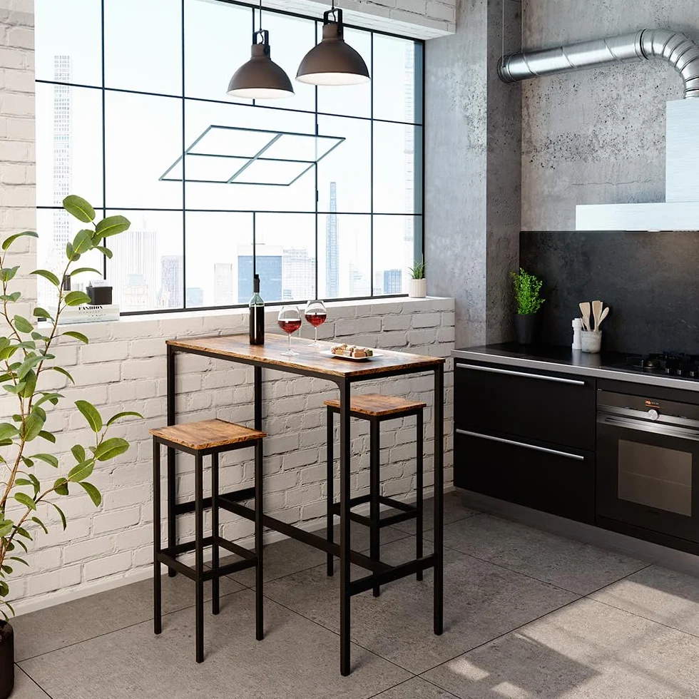 Vicco Set de Mesa de Bar Fyrk, Madera Antigua, 120 x 50 cm con 2 taburetes de Bar, Apto para Barras y encimeras de Cocina, apilable para Almacenamiento