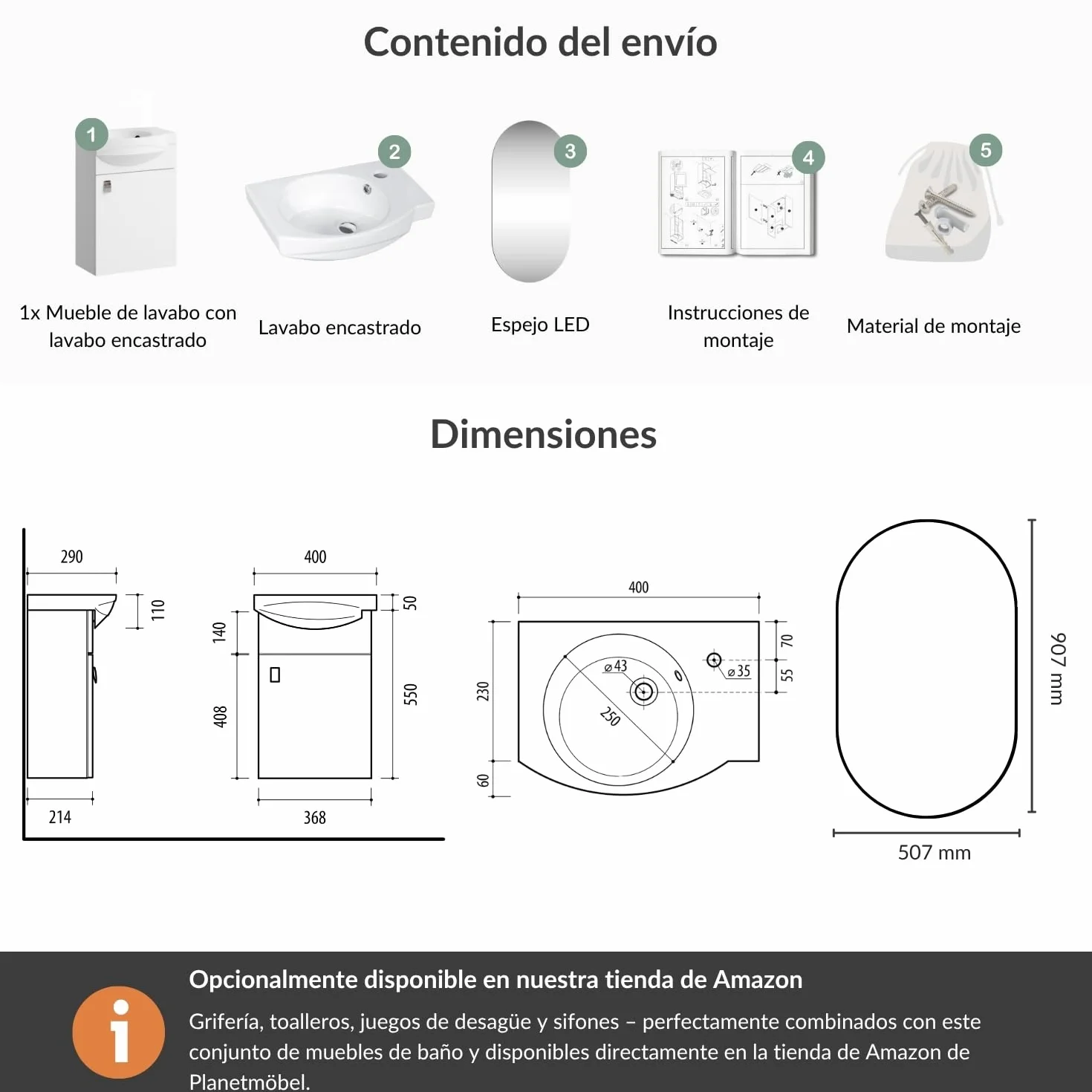 Planetmöbel Conjunto de Muebles de baño Lavabo 40 x 60 x 29 cm, Espejo con iluminación 50 x 90 cm, Blanco