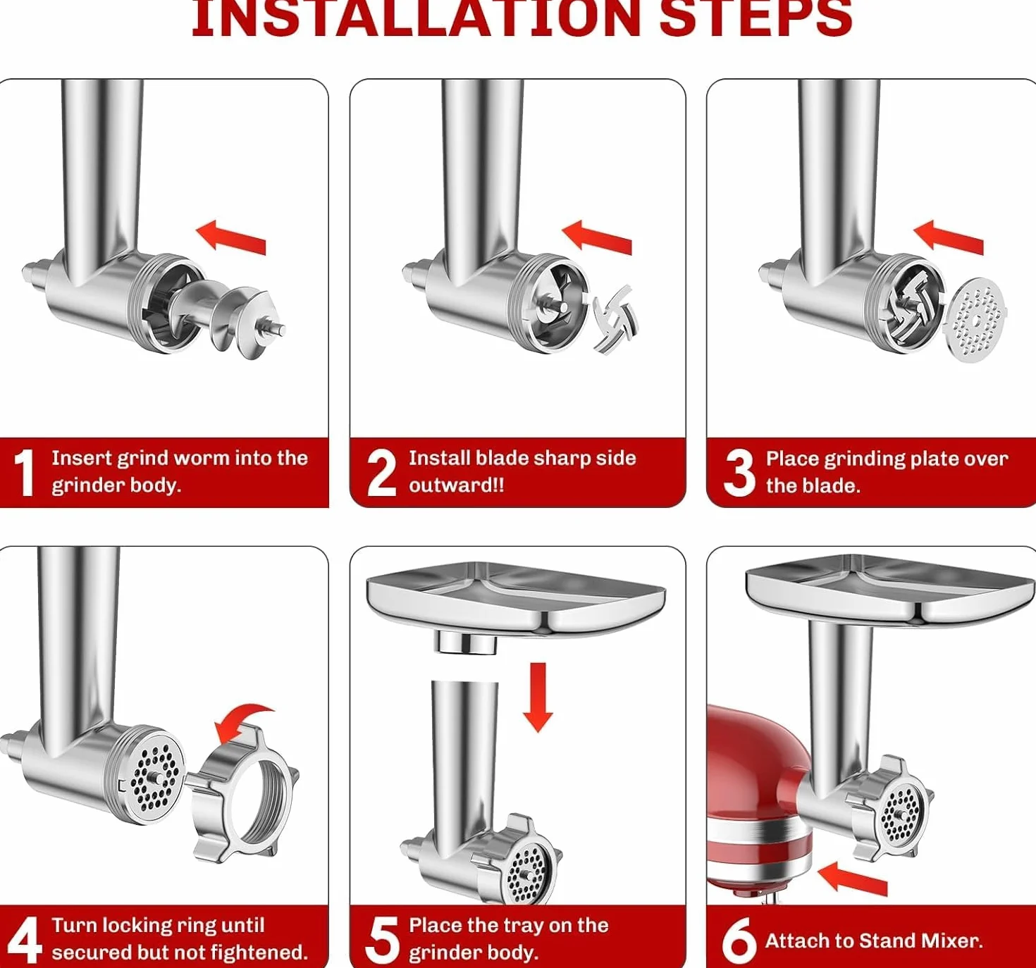Accesorio picador de carne para batidora de pie Kitchenaid, con 3 cuernos para embutir salchichas, 3 cuchillas para picar, 4 discos para picar y prensa para hamburguesas (acero inoxidable)
