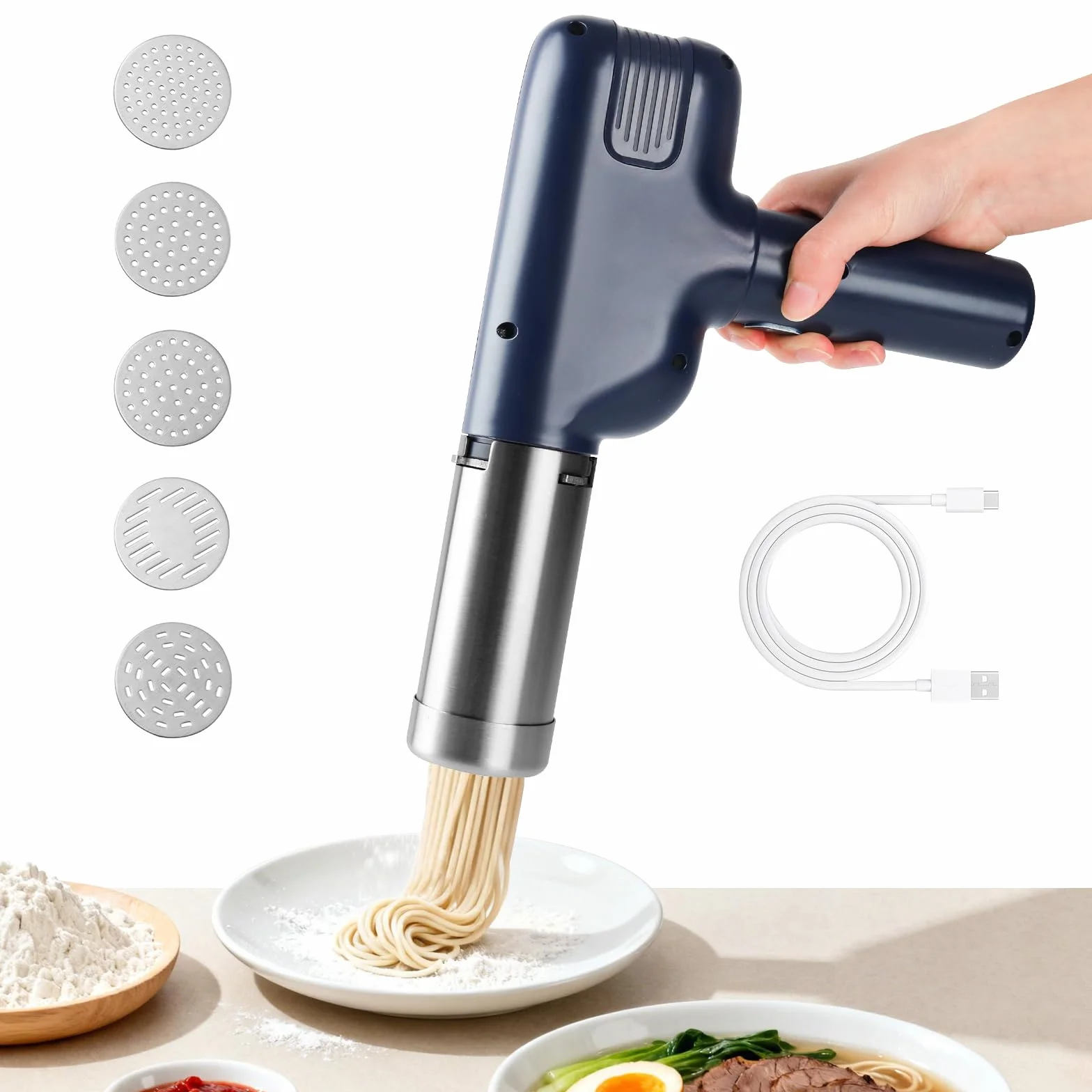 Máquina de Pasta Eléctrica de Mano, Pasta Maker, Máquina de Pasta Portátil con 7 Accesorios para Espaguetis/Fettuccine Hechos