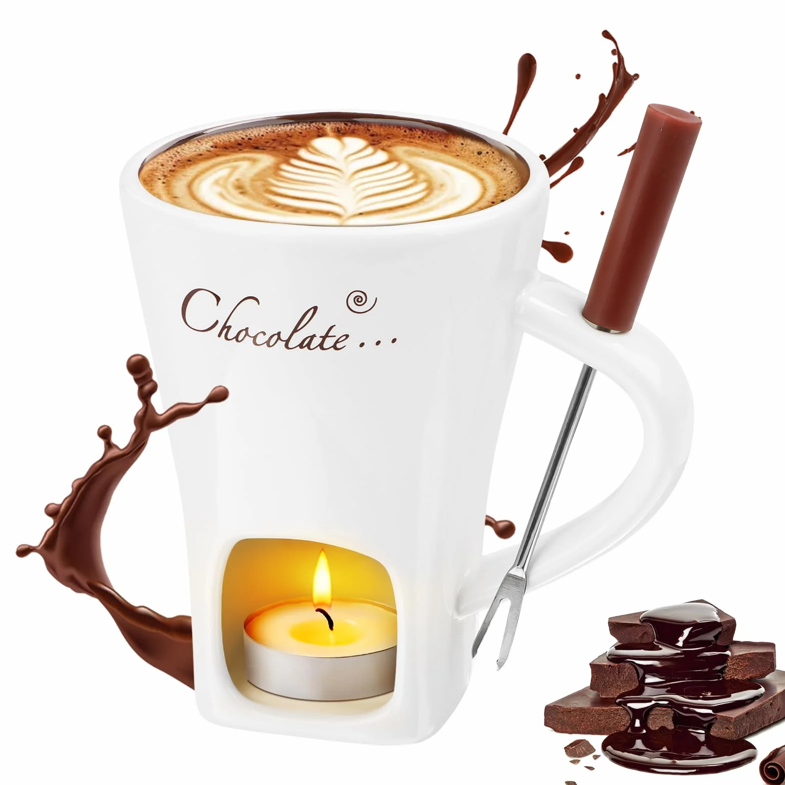 Juego de fondue de chocolate de cerámica 200 ml con tenedor y vela de té