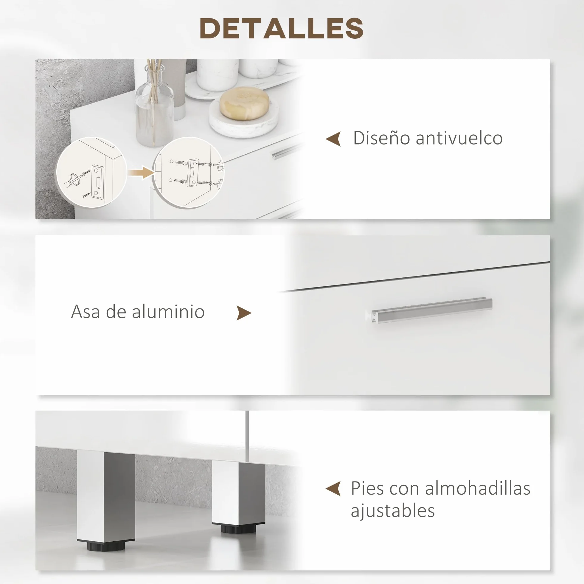kleankin Mueble Auxiliar Baño Moderno Mueble de Baño con Estantes Ajustables y 2 Cajones Armario Mueble de Almacenaje para Dormitorio Salón Antivuelco Blanco Brillo Carga 35 kg 60x30x93 cm