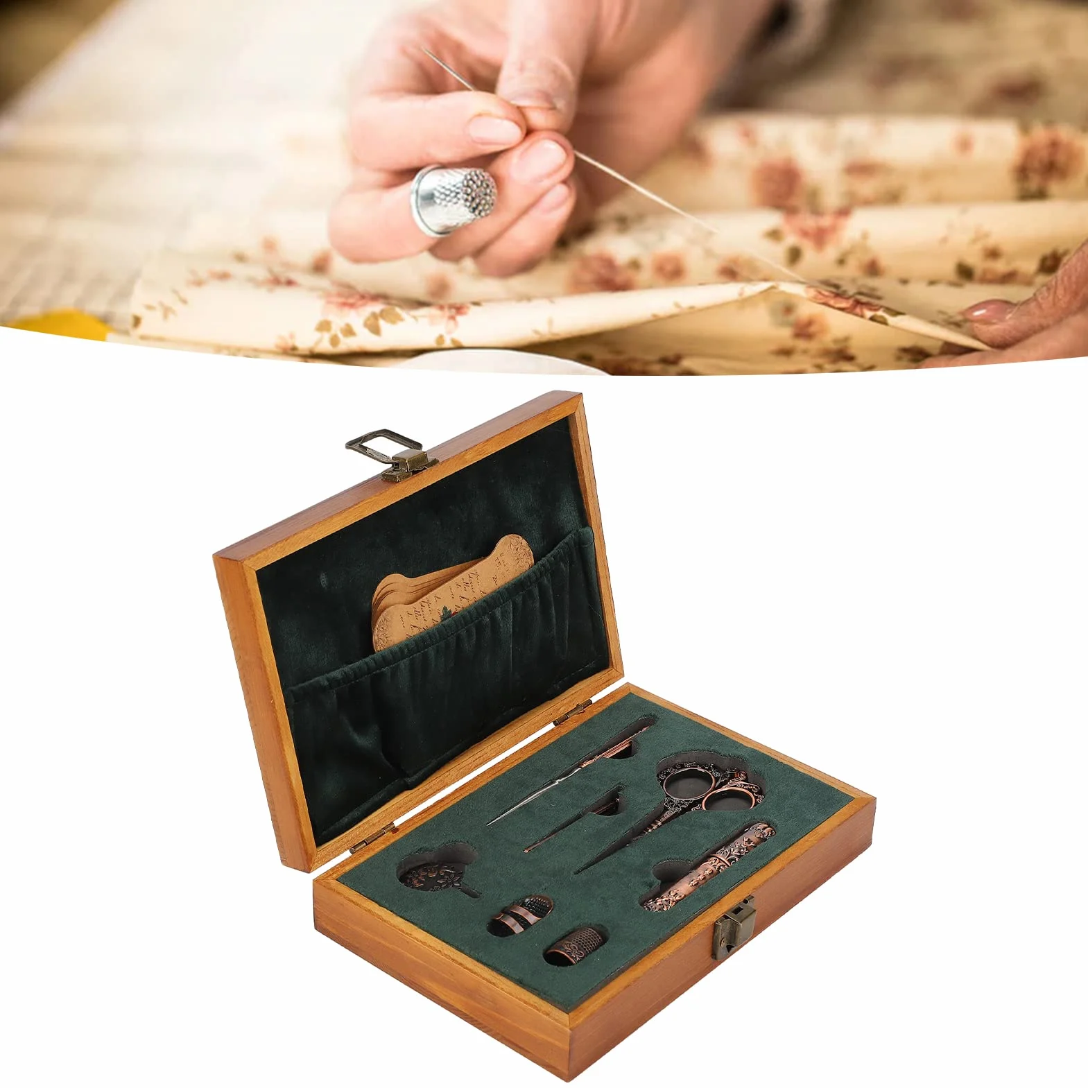 Juego de tijeras de bordado vintage, kit de tijeras de costura de acero inoxidable, caja de costura retro de madera con herramientas de bordado multifuncionales para coser, tejer y (Bronce)