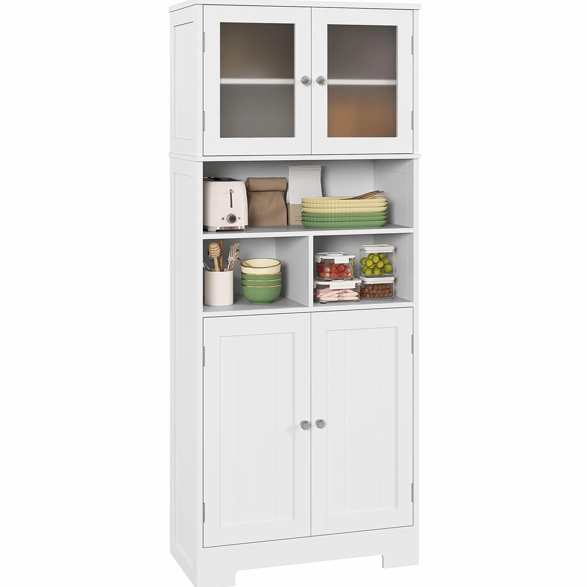 HOMCOM Alacena de Cocina Mueble Auxiliar de Cocina Aparador Alto con 2 Puertas de Vidrio Estantes Ajustables y Compartimentos Abiertos 60x30x145,5 cm Blanco