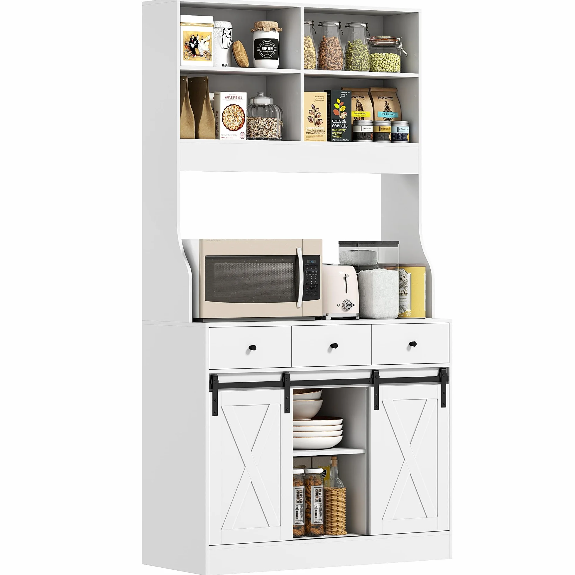 HOMCOM Alacena de Cocina Mueble Auxiliar con Encimera para Microondas, 2 Puertas Corredizas y 3 Cajones, Estantes Regulables, Estilo Granja, 93,5x40x180 cm Blanco