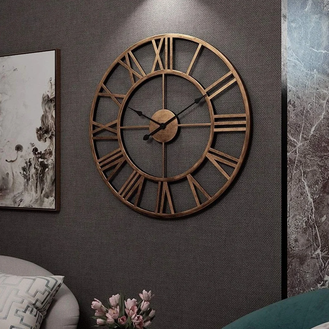 Reloj de Pared Creativo, Reloj de Pared Grande con números Romanos Metal Vintage, Estilo Retro y Reloj Cuarzo silencioso Que no Hace tictac