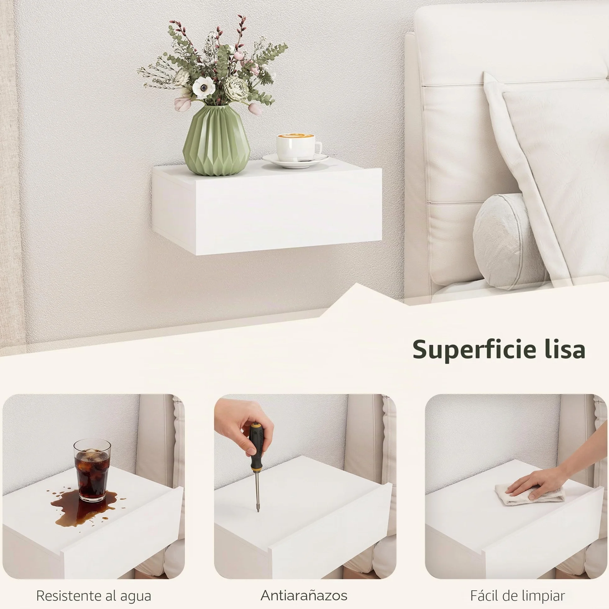 HOMCOM Set de 2 Mesitas de Noche Flotantes con 1 Cajón Diseño Montado en la Pared Estilo Moderno para Dormitorio 40x30x15 cm Blanco