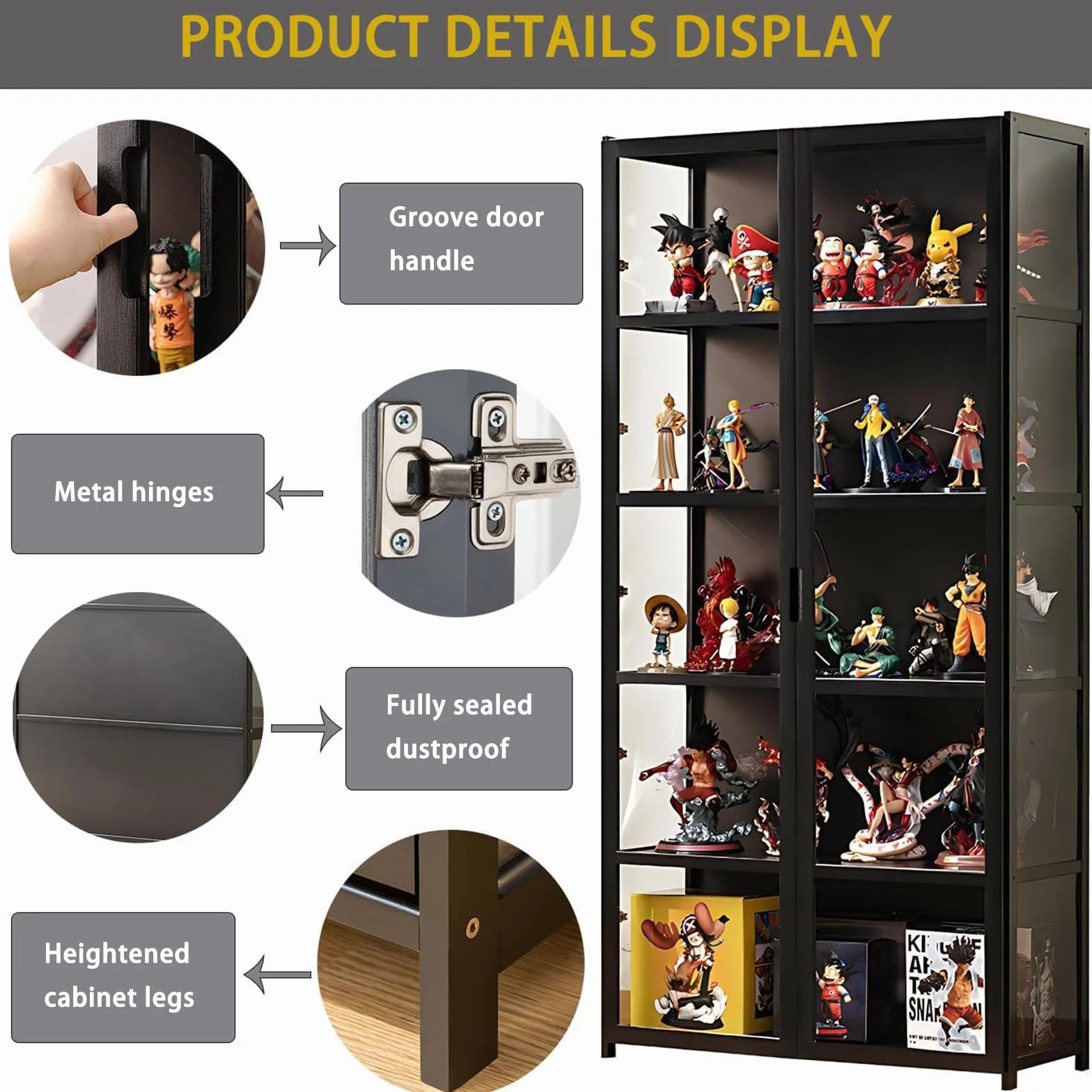 Vitrina de 5 pisos de pie, armarios Curio, estantería con puertas, puertas acrílicas transparentes, vitrina de coleccionista para sala de estar, oficina, libros, sala de juegos (Doble puerta negra)