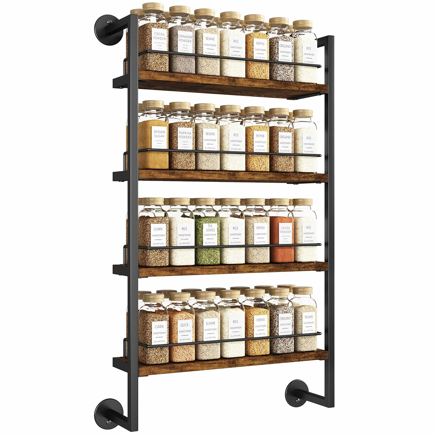 IBUYKE Especiero Pared,4 Estantes Especieros para Cocina Pared,Organizador de Especias para Hasta 50 Tarros,Estante Especias de Madera para Puerta de Armario de Cocina,Baño,Despensa,Marrón TLJ016H