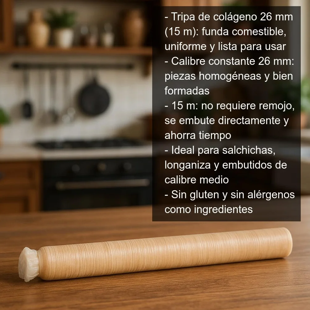 Tripa de colágeno comestible 26 mm 15 m para embutir salchichas y longaniza