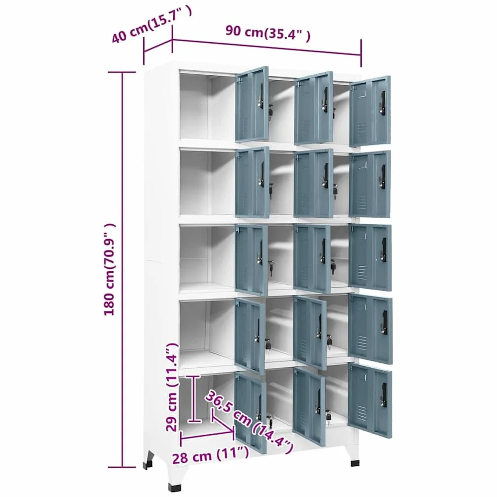 Brokky Taquillas metalicas Taquillas Vestuario 15 Puertas con Llave para Colegios y Oficinas-Gris Claro y Gris Oscuro-con 15 cerraduras