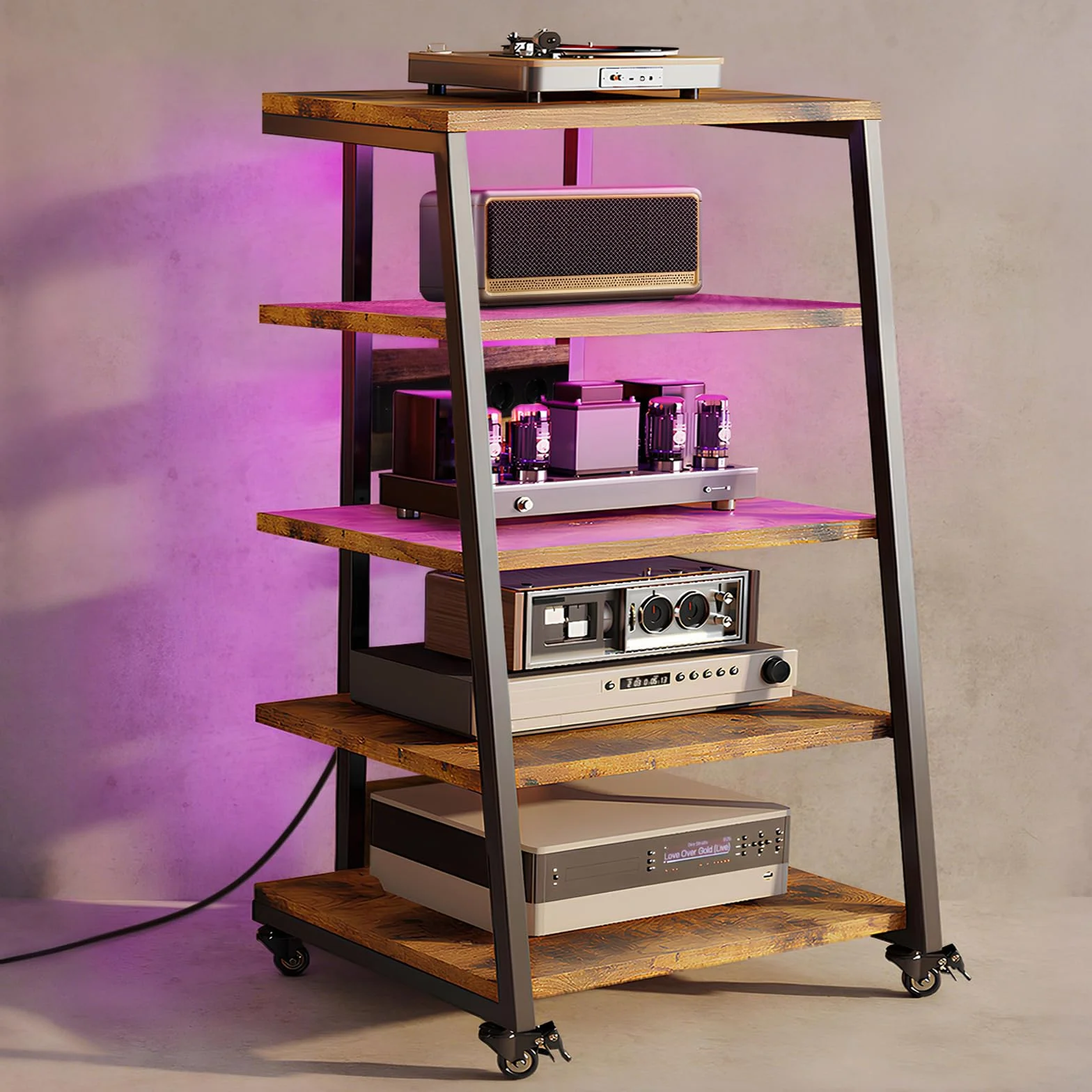 Estante de 5 niveles HiFi con ruedas, tocadiscos, mesa con regletas, luces LED, estante ajustable de madera, soporte para medios HiFi para sistemas de audio, estéreo, 60 x 52 x 110 cm