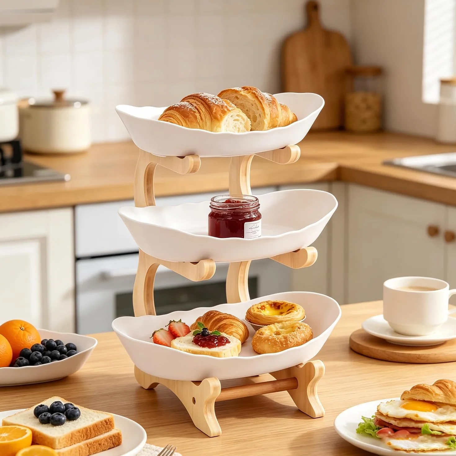 Cesta de frutas de bambú, cuenco ovalado desmontable de 2 niveles, organizador de ahorro de espacio para encimera de cocina, diseño apilable para frutas y verduras del hogar, almacenamiento de cocina