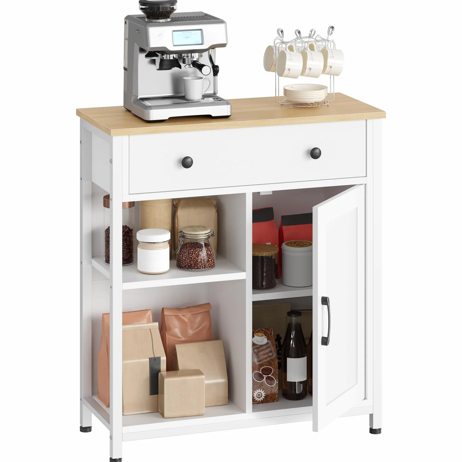 HOOBRO Aparador con 1 Cajón y Estante Ajustable, Armario de Cocina, Mueble Auxiliar Buffet, Gabinete de Almacenamiento, Mesa de Café, para Cocina, Comedor, Sala de Estar, Blanco y Natural EWN70CB01