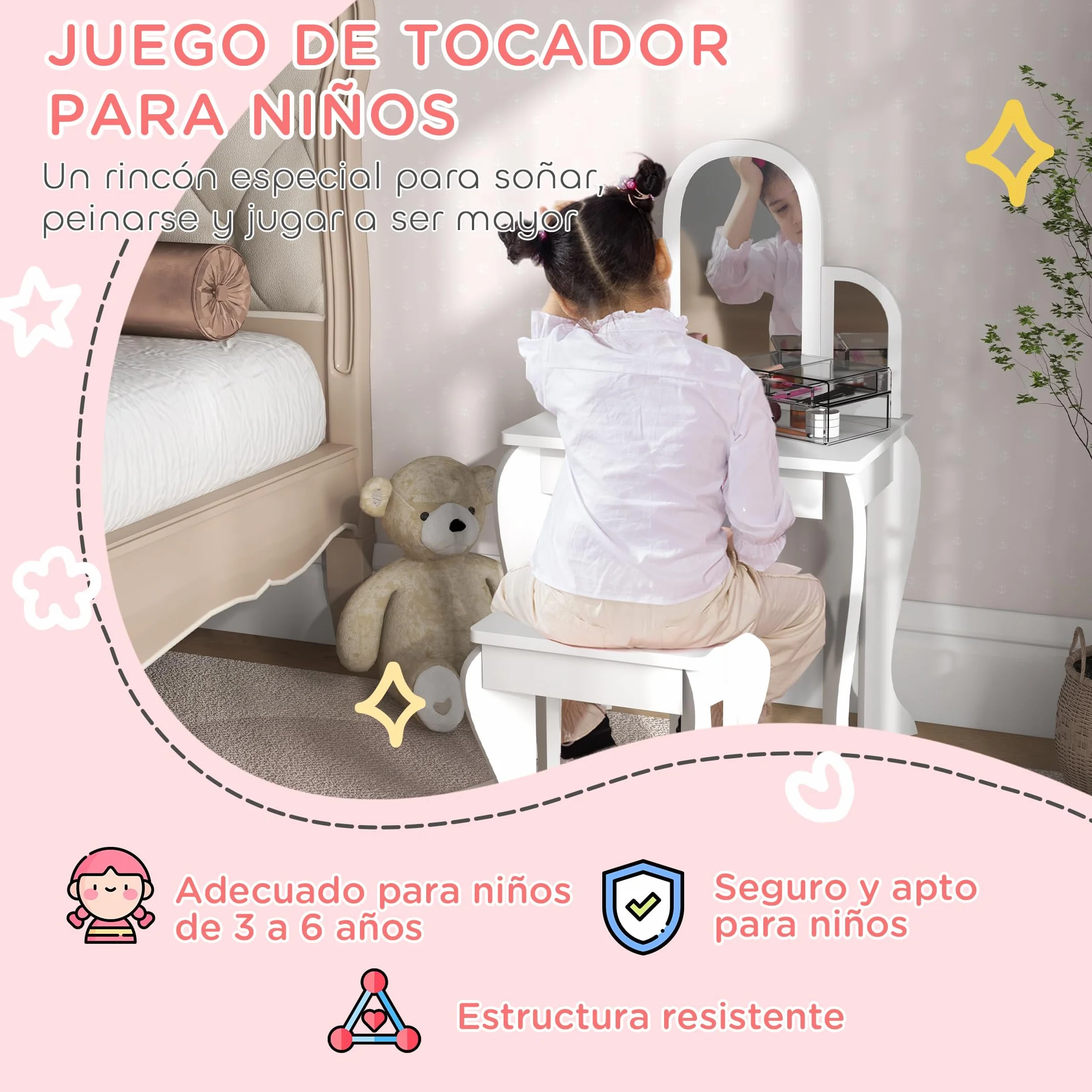 HOMCOM Tocador Infantil con Taburete y Espejo, Cajón, Mesa de Maquillaje para Niñas 3-6 Años, Blanco