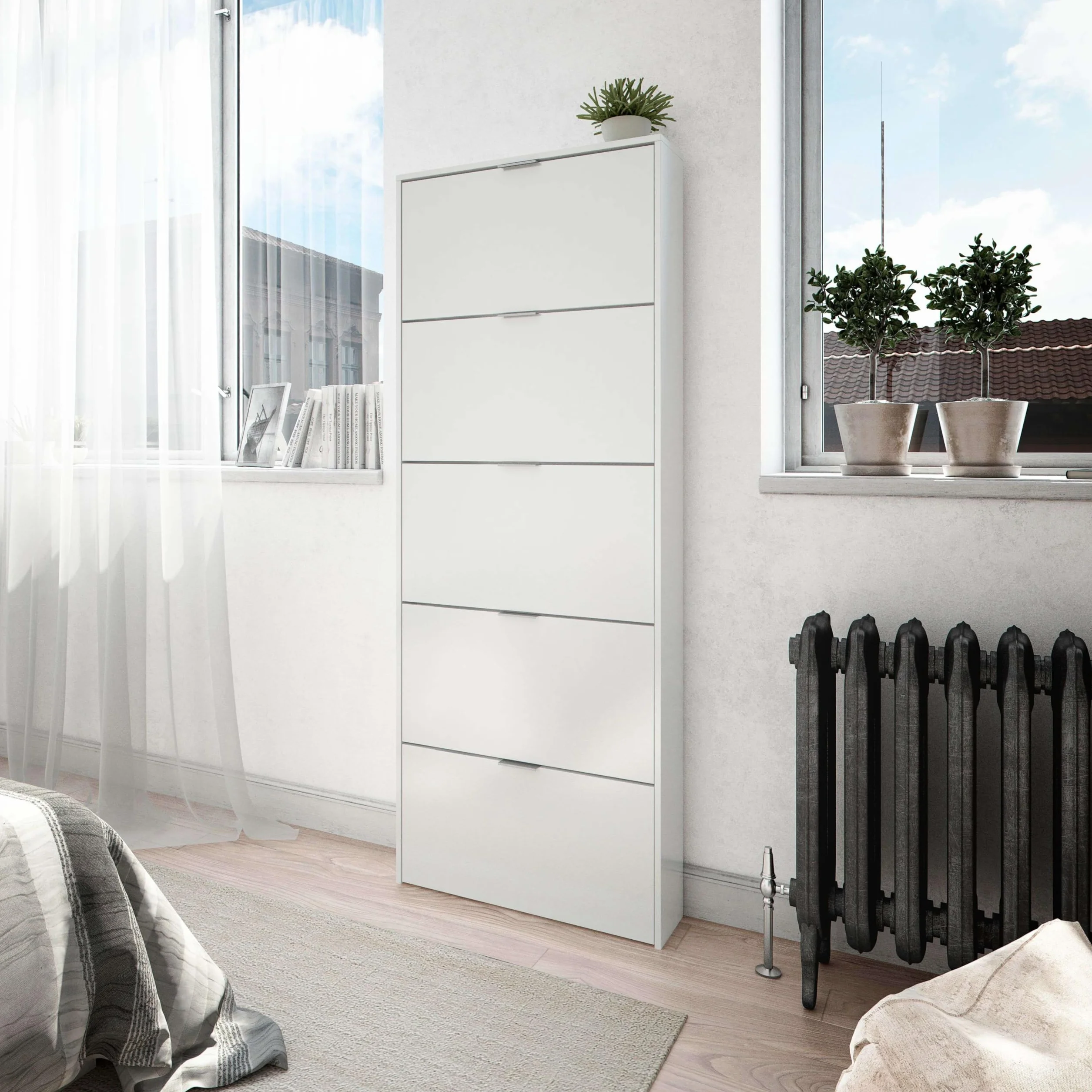 Habitdesign – Zapatero 5 Puertas, Color Blanco Brillo, Mueble Zapatero Alto 15 Pares, 180x70x17 cm – Modelo Shoe Cabinet