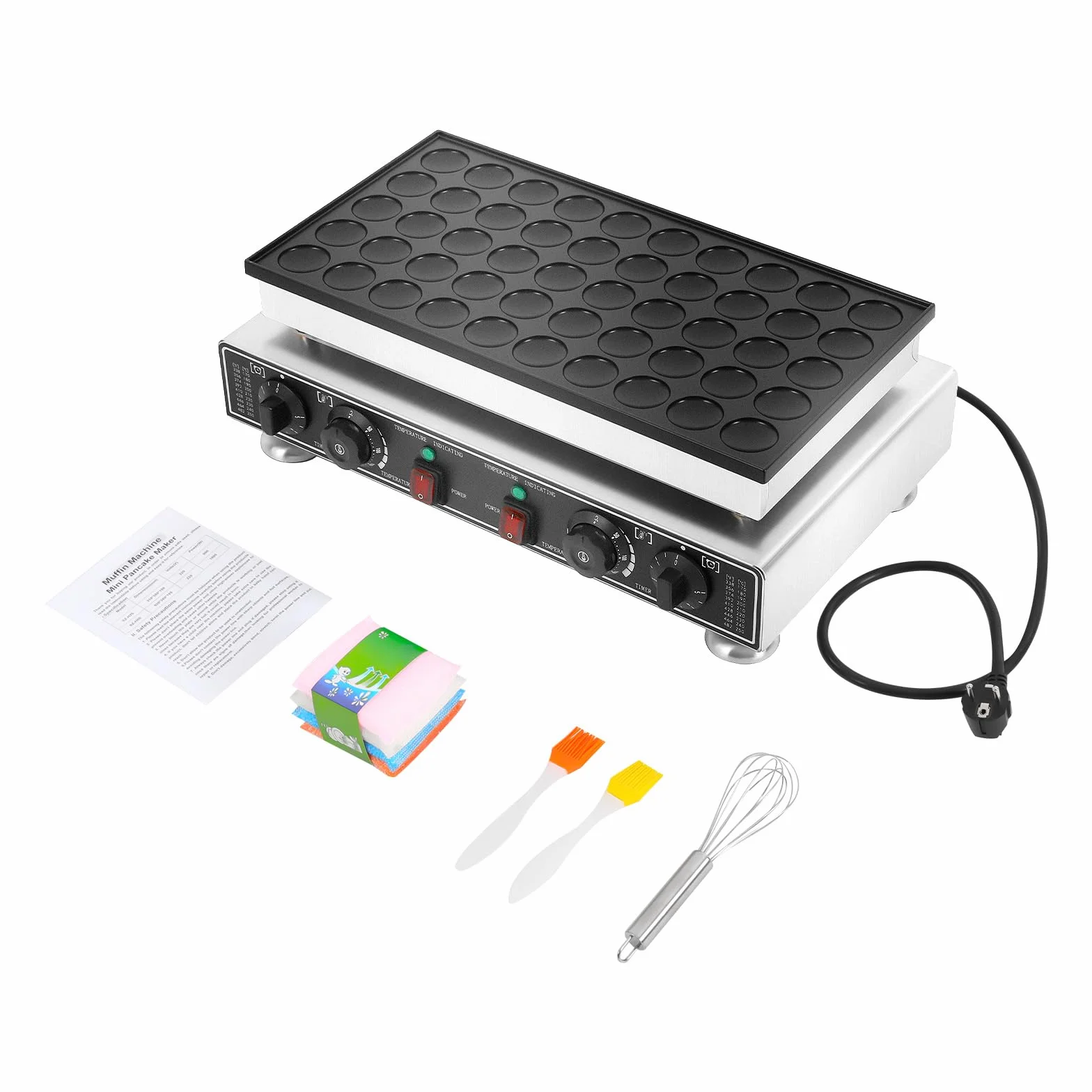 Takoyaki Maker 50 agujeros Commercial Pulpo Pan con revestimiento antiadherente, 50-300℃ Control independiente de temperatura de dos zonas, sartén Pancake Poffertjes