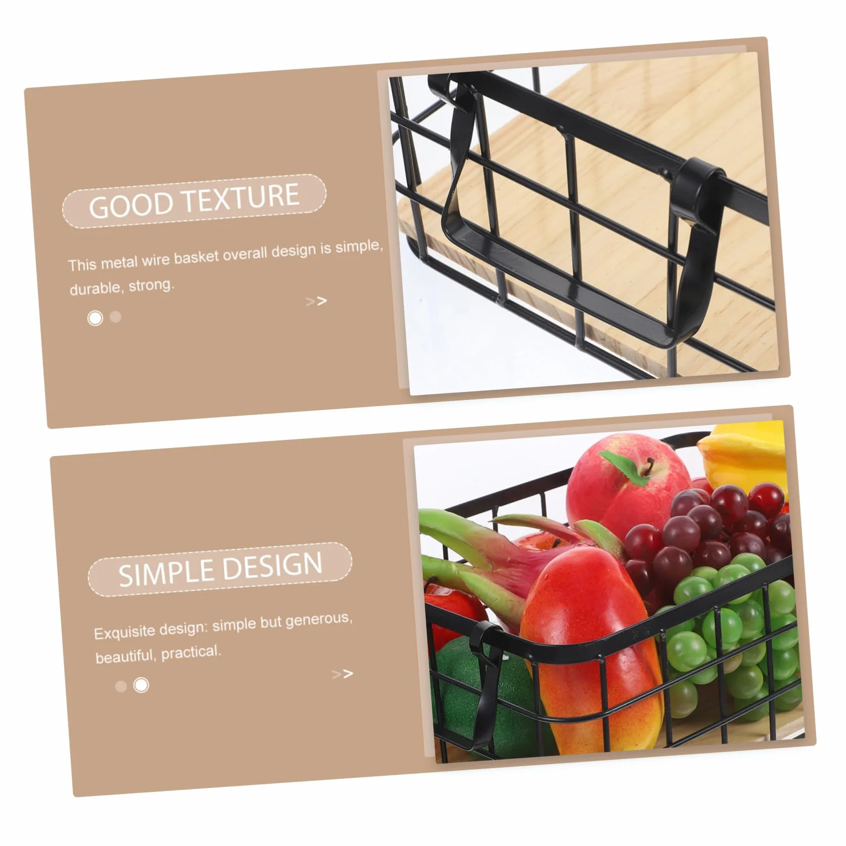 ULTECHNOVO Cesta de Almacenamiento de Alambre Negra Asa y Base de Madera | Rectangular y Robusta, para Frutas y Utensilios del Hogar, Uso en Mesa o Exterior