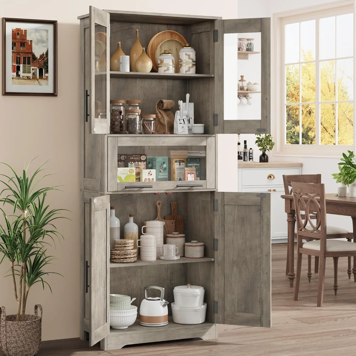 Armario de Baño Doble Compartimento 60x30x170 cm, Mueble con Puertas y Estante Ajustable, Gris