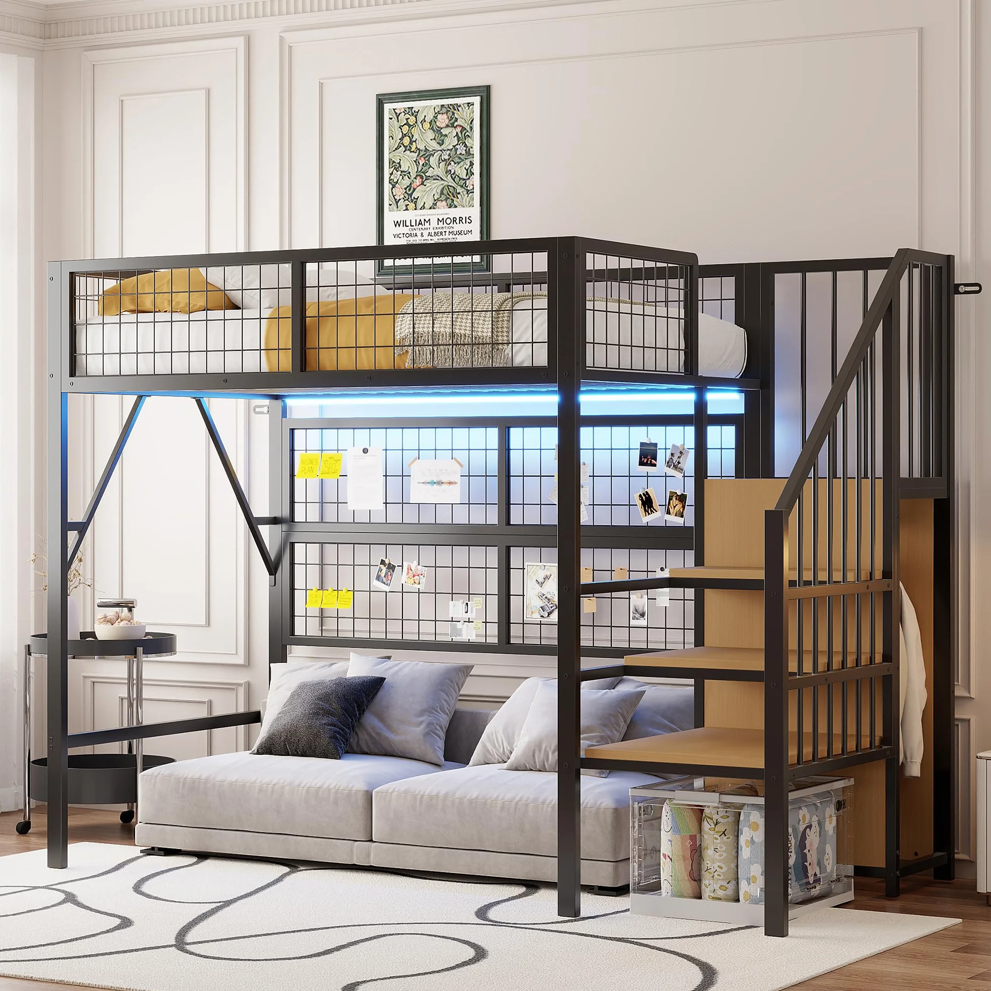Cama de hierro, litera, 90 x 200 cm, adecuada para niños y jóvenes, con tiras de luz LED controladas por la aplicación, escalera con espacio de almacenamiento, armario abierto, color negro
