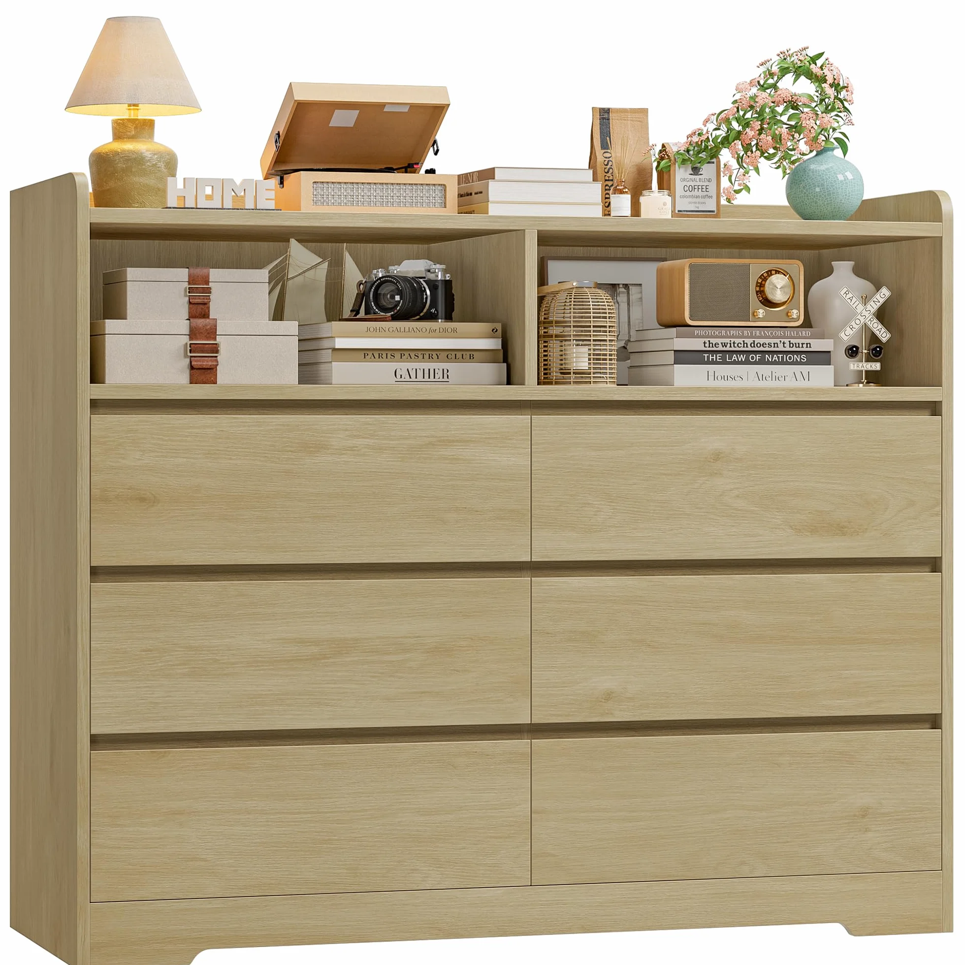 FOREHILL Comodas y Cajoneras Dormitorio Roble Anch. 120 cm Cajonera Armario Interior Comoda 6 Cajones 2 Compartimentos Abiertos para Salón Dormitorio Pasillo 120x40x100 cm
