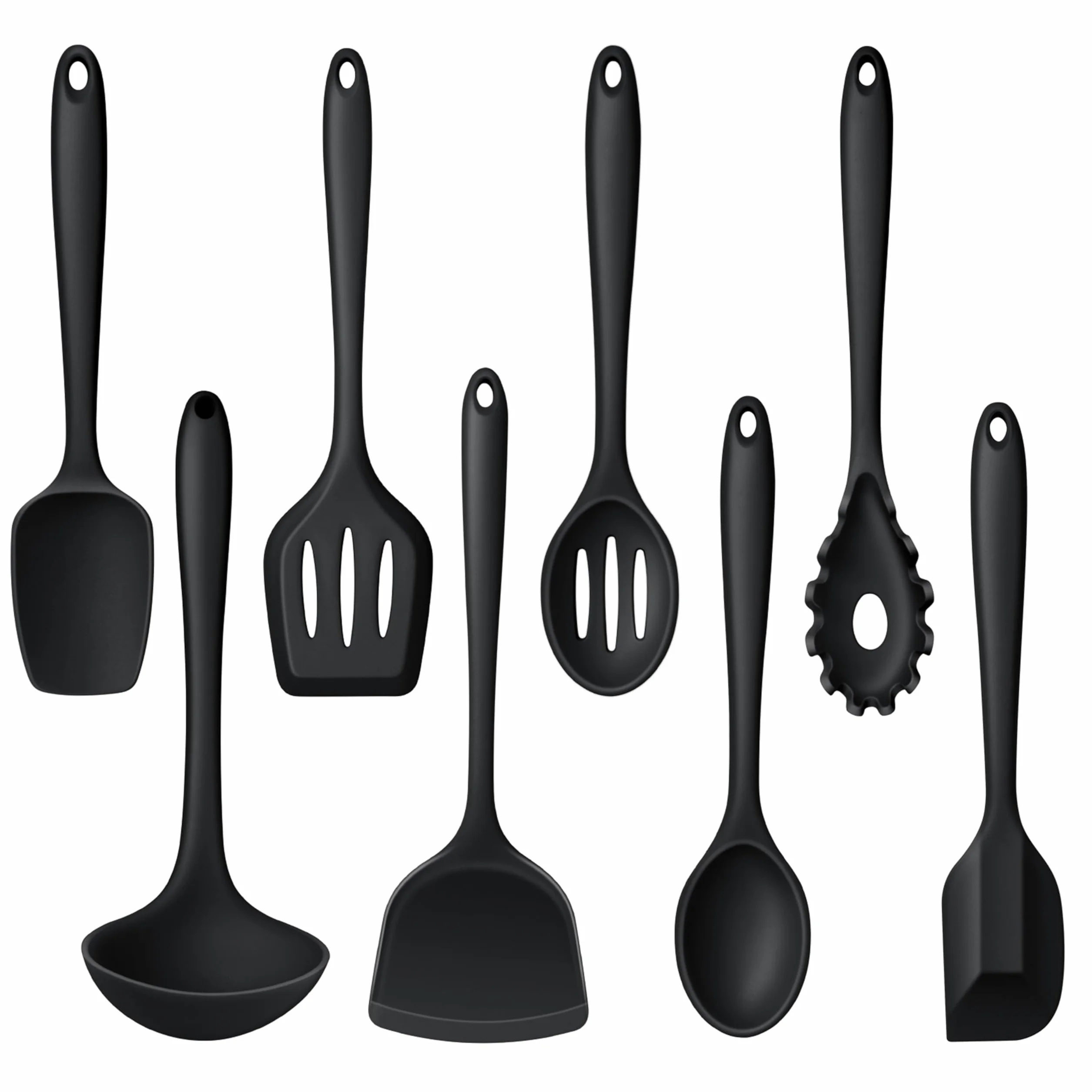 LIANYU Juego de 8 utensilios de cocina resistentes al calor, juego de espátulas de silicona antiadherentes con espátula, cucharón, volteador, cuchara, apto para lavavajillas, color negro