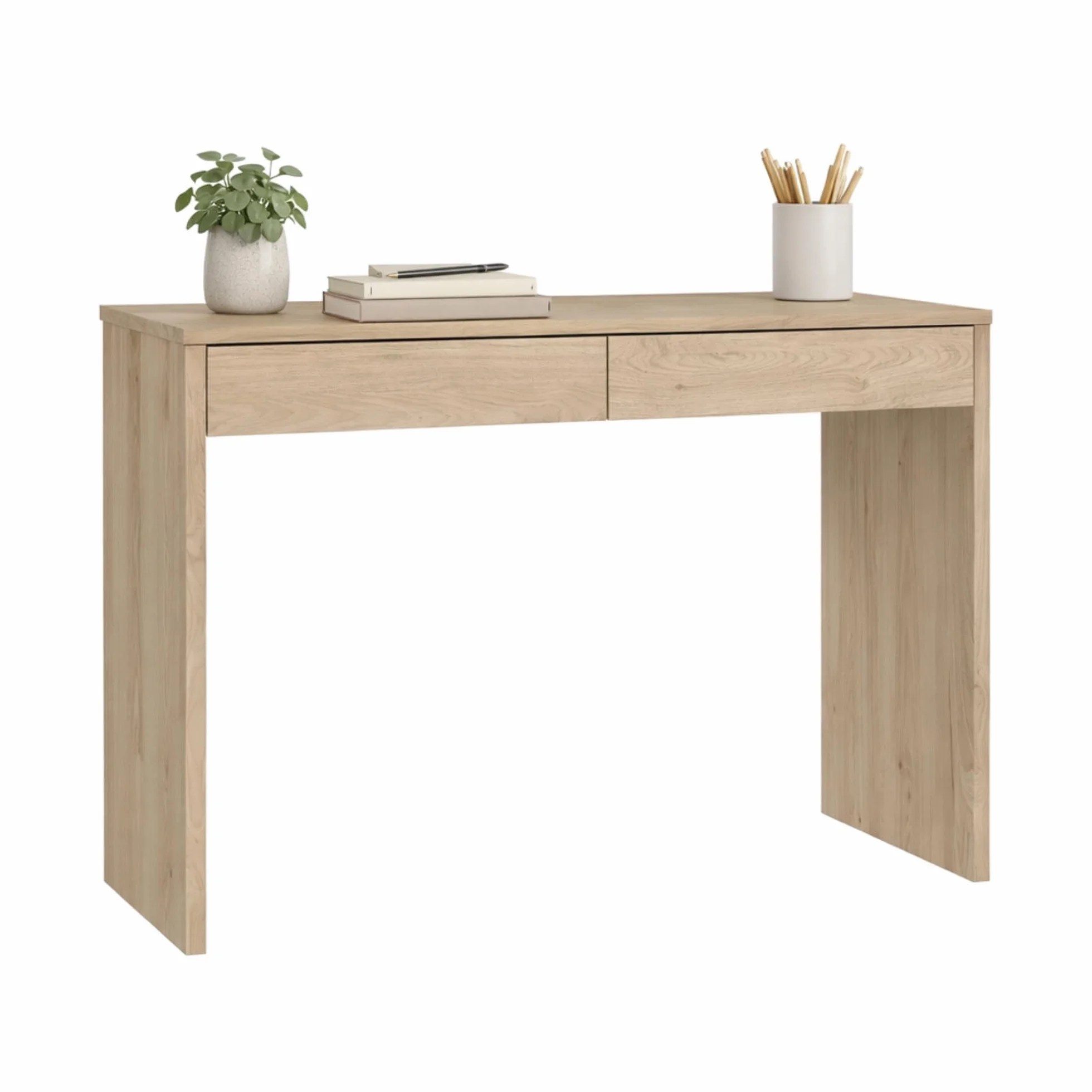 Mesa Escritorio de Estudio Jucar Oak con 2 Cajones, Color Roble, 101 x 40 x 77 cm