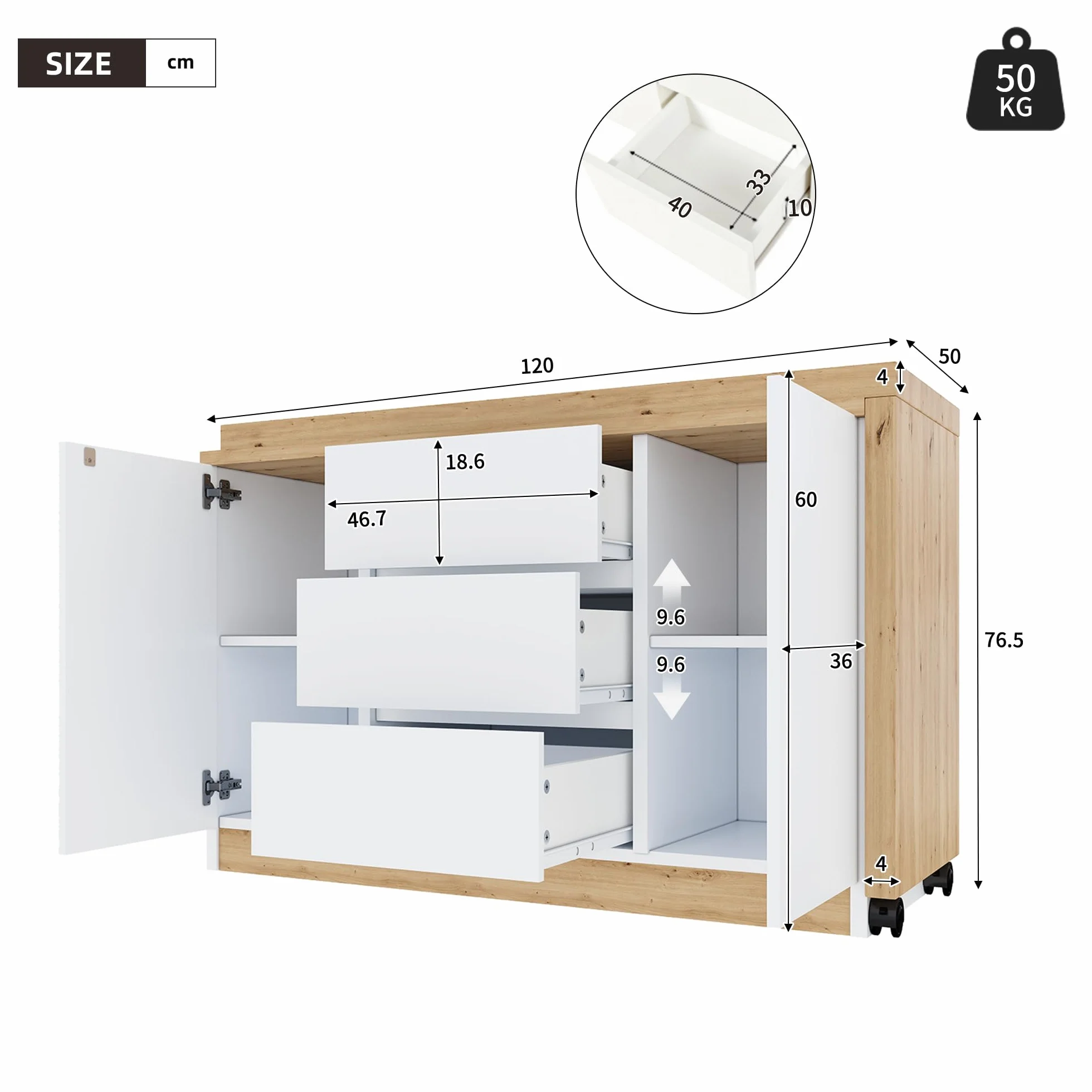 Lexiou Escritorio con ruedas con bloqueo, diseño multifuncional, 4 cm más grueso, mesa giratoria con bloqueo fijo, escritorio plegable, escritorio de esquina, aparador (roble + blanco)