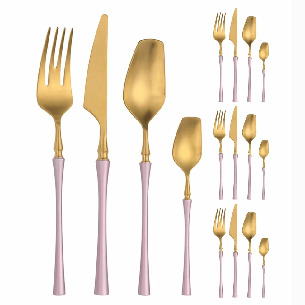 Exquisito Pequeño Cintura Bárbara Oro Rosa Cocina Cubiertos De Acero Inoxidable Vajilla Cubiertos Hogar Restaurantes Banquetes Filete Cuchillo Y Tenedor Cuchara De Ensalada (16 piezas)