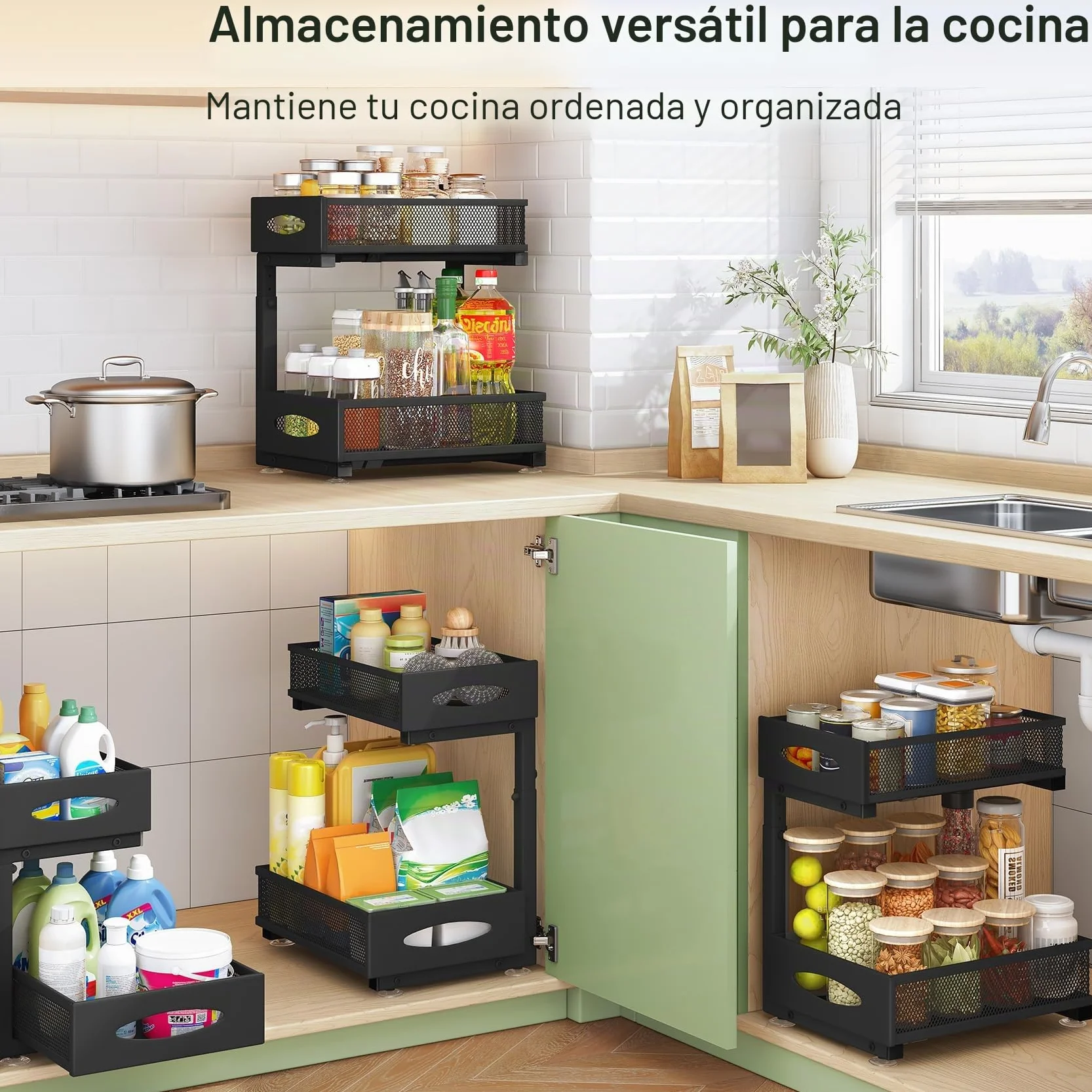 Kitstorack Organizador Bajo Fregadero de Metal 2 Niveles Cajones Deslizantes Altura Ajustable Negro