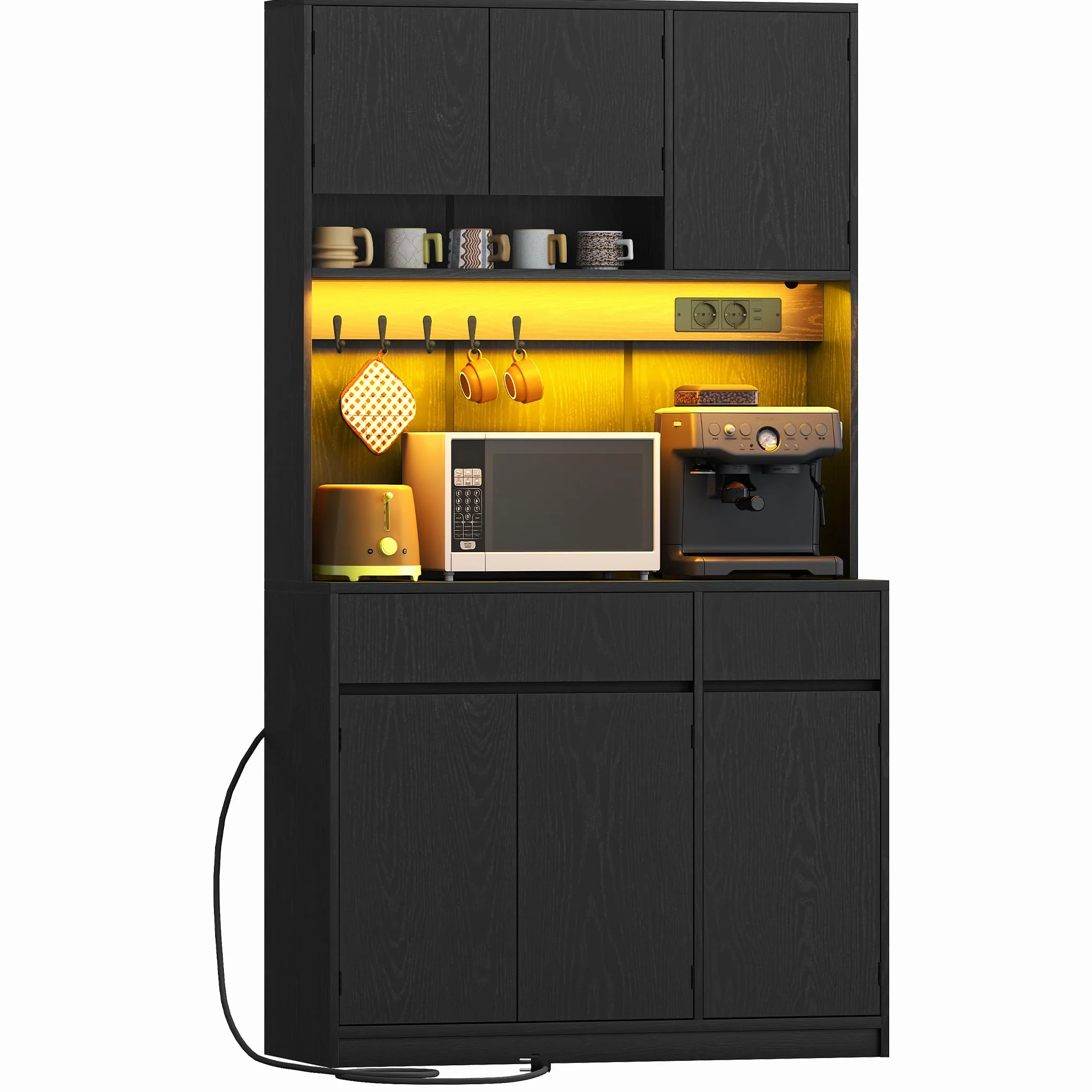 Hzuaneri Alacena de Cocina, 180 cm Aparador Comedor, aparador Cocina con regleta y Tira de Luces LED, encimera y 2 cajones, estantes Regulables,área culinaria, salón, Negro PT00204XEU