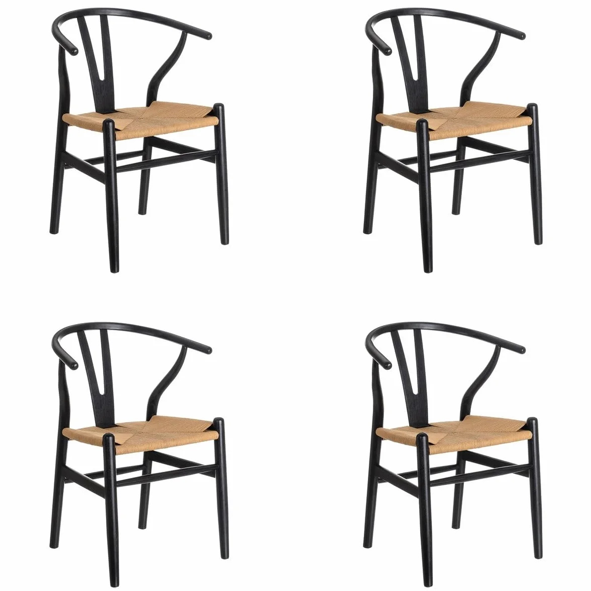 LOLAhome - Pack de 4 sillas de Comedor Ming de Madera de Olmo Color Negro con Asiento de Cuerda de Fibra de Papel en Tono Natural