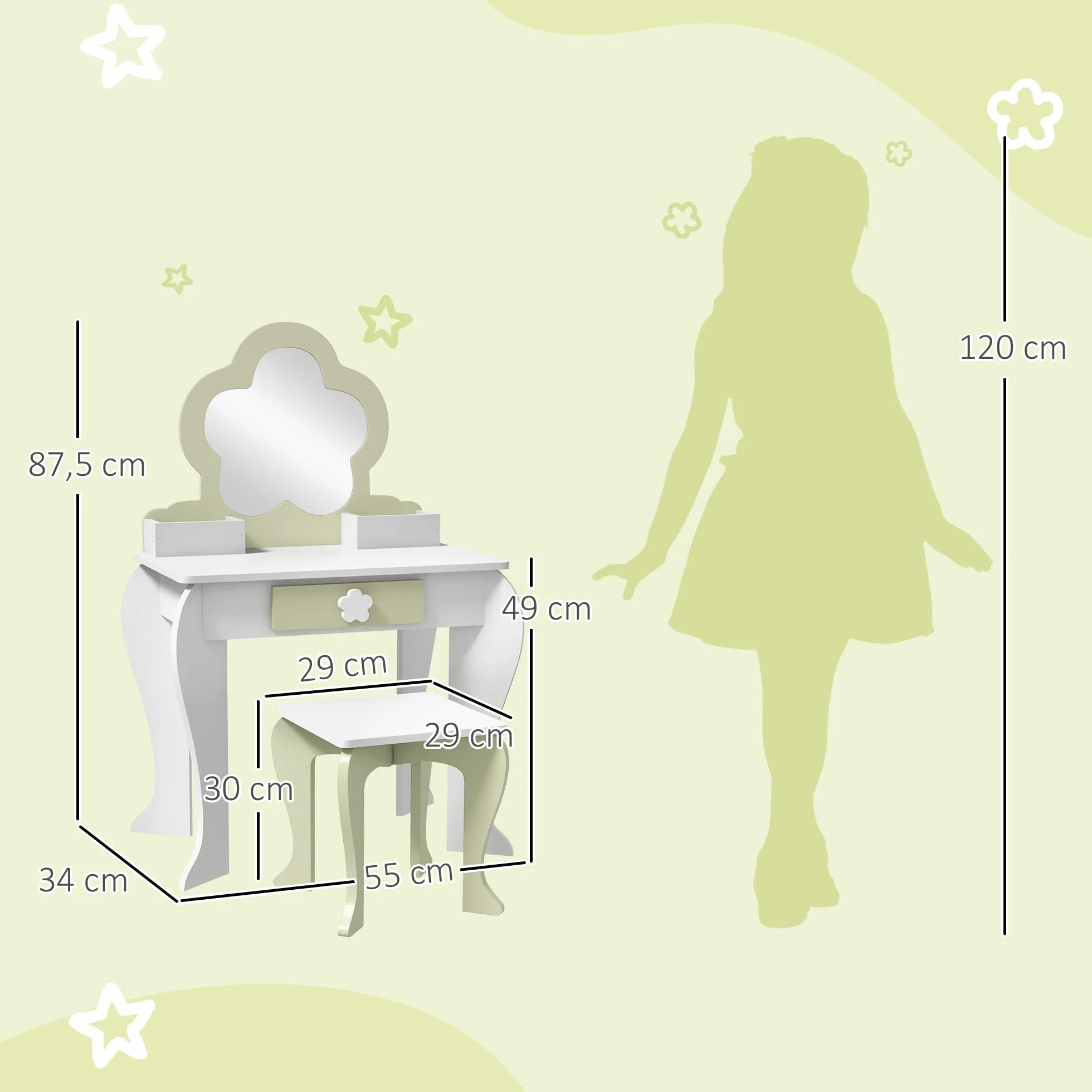 ZONEKIZ Tocador para Niñas con Espejo y Taburete Maquillaje 3-6 Años 2 Cajas 1 Cajón 55x34x87,5 cm Blanco Verde Pastel