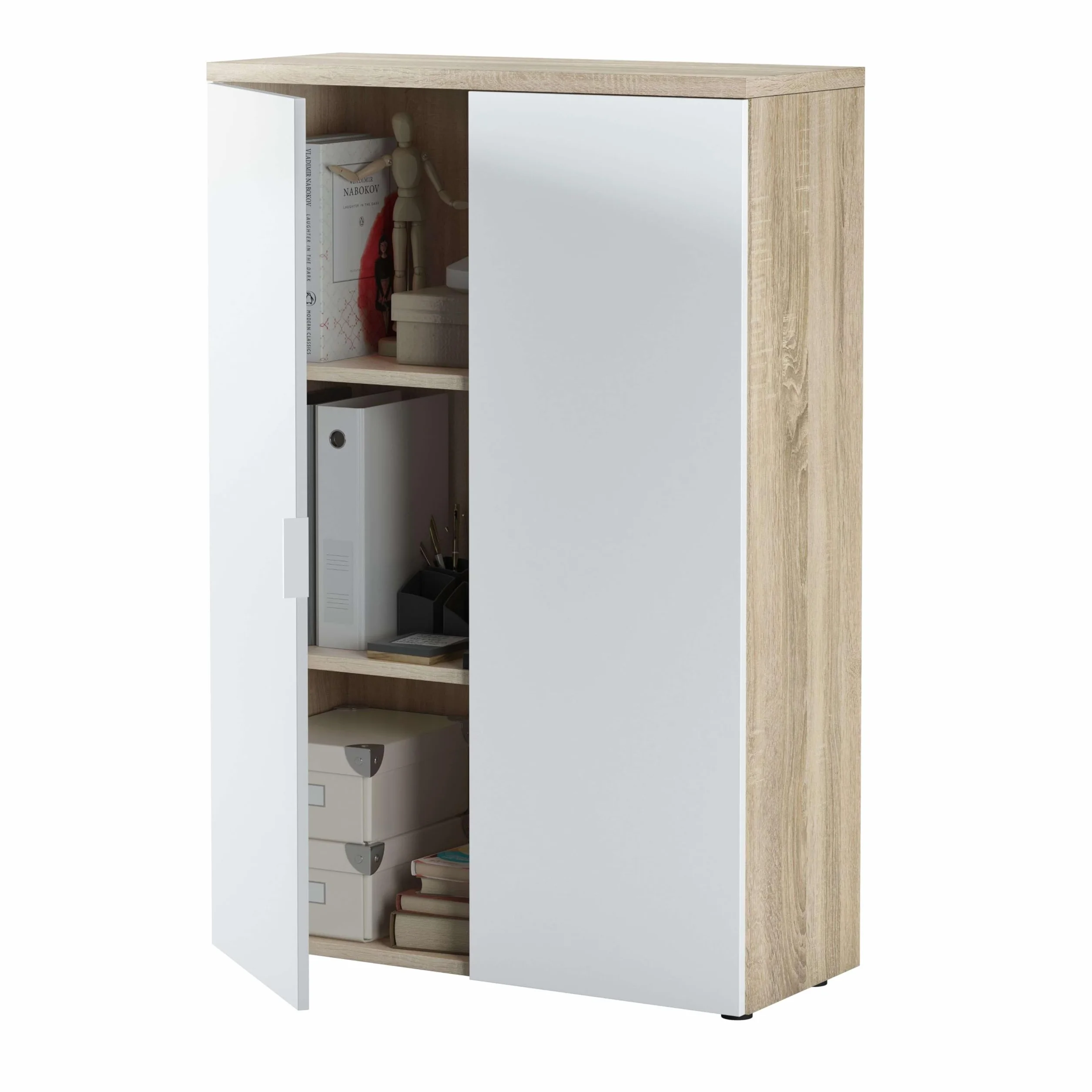 Habitdesign Mueble Auxiliar Despacho, Armario Estudio, 119x80x32,5 (AltoxAnchoxFondo - en cm), Color Blanco Artik y Roble Canadian, Modelo Office