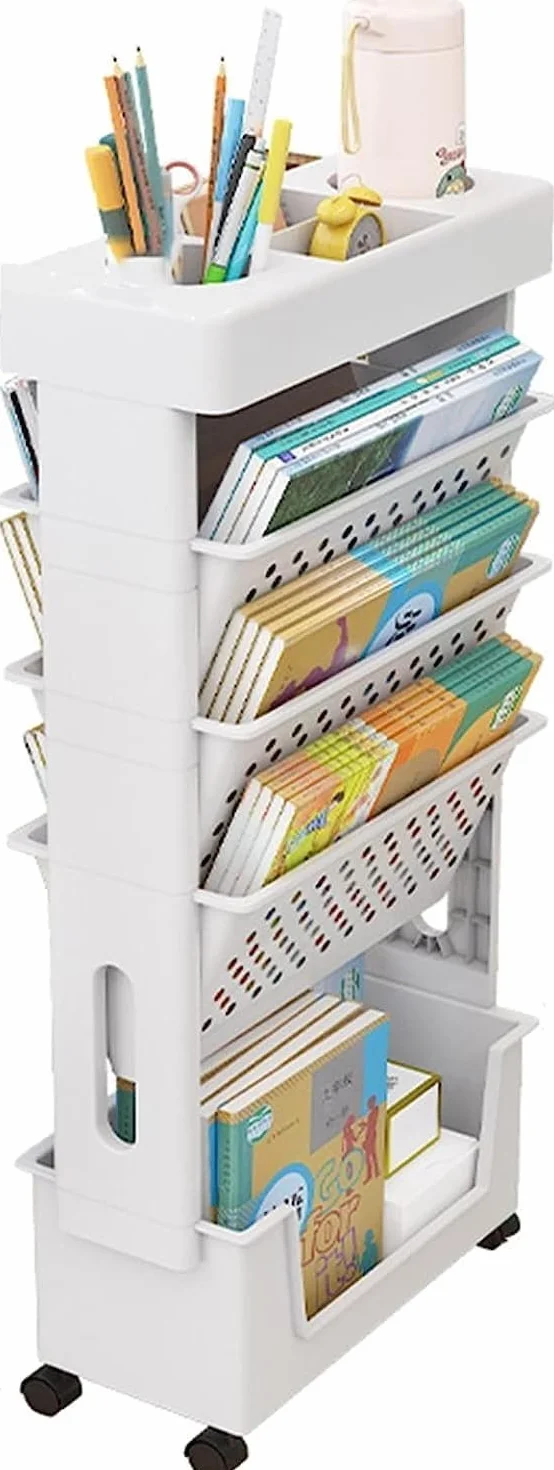 Estantería de escritorio móvil for el aula, carrito de utilidad rodante de 5 niveles con ruedas, organizador de escritorio, revistero de libros, carrito de almacenamiento delgado for el hogar, la coci