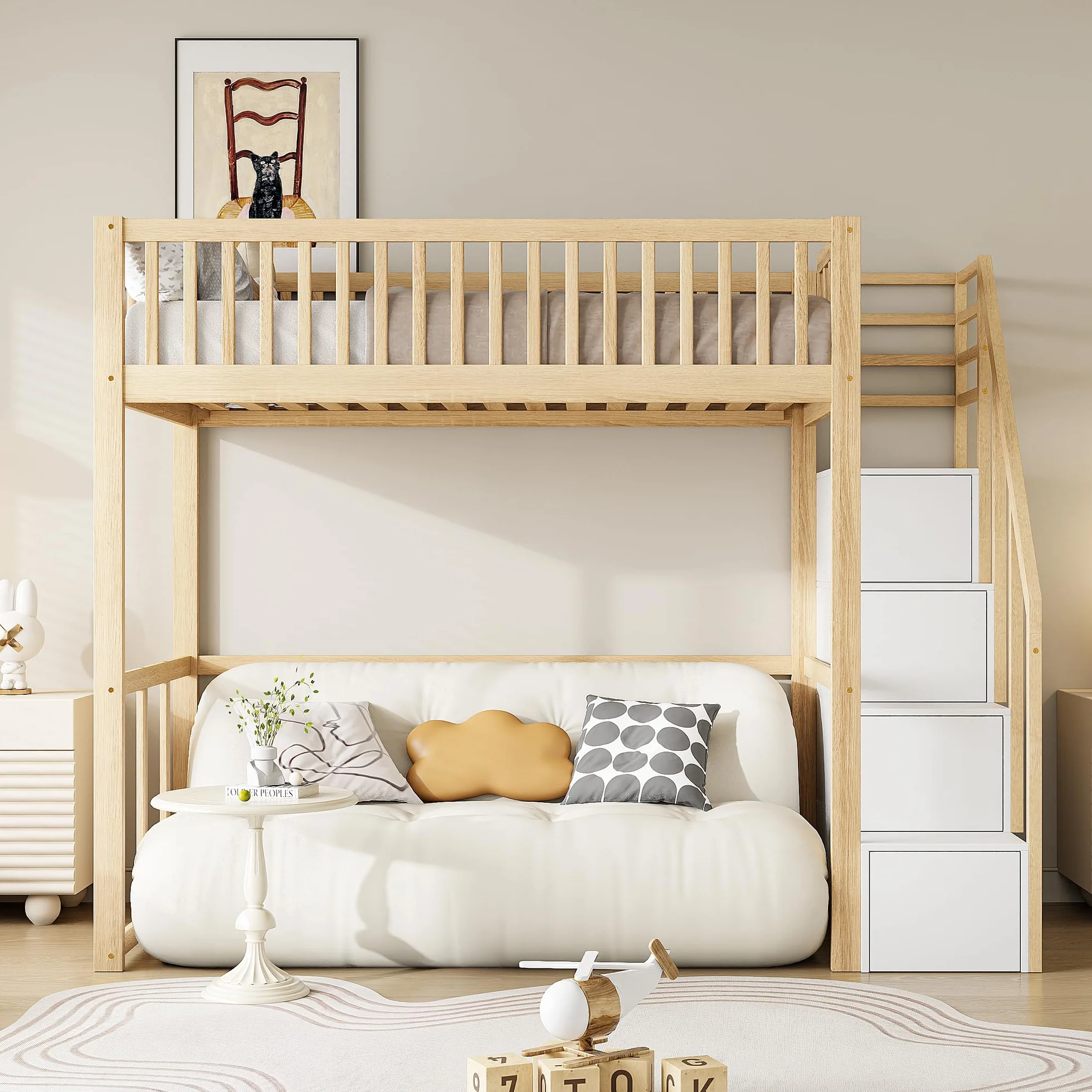Moimhear Cama alta 90 x 200 cm con escalera de almacenamiento de seguridad, estructura de cama de pino macizo para niños y jóvenes (color madera + blanco)