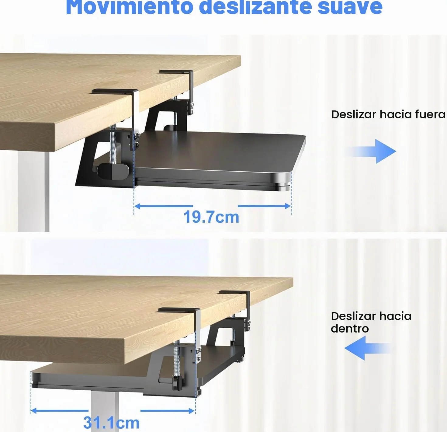 Bandeja para Teclado Debajo del Escritorio, 65.5 x 31.1 cm, Soporte Ergonómico con Abrazadera en C, Plataforma Extraíble y Deslizante