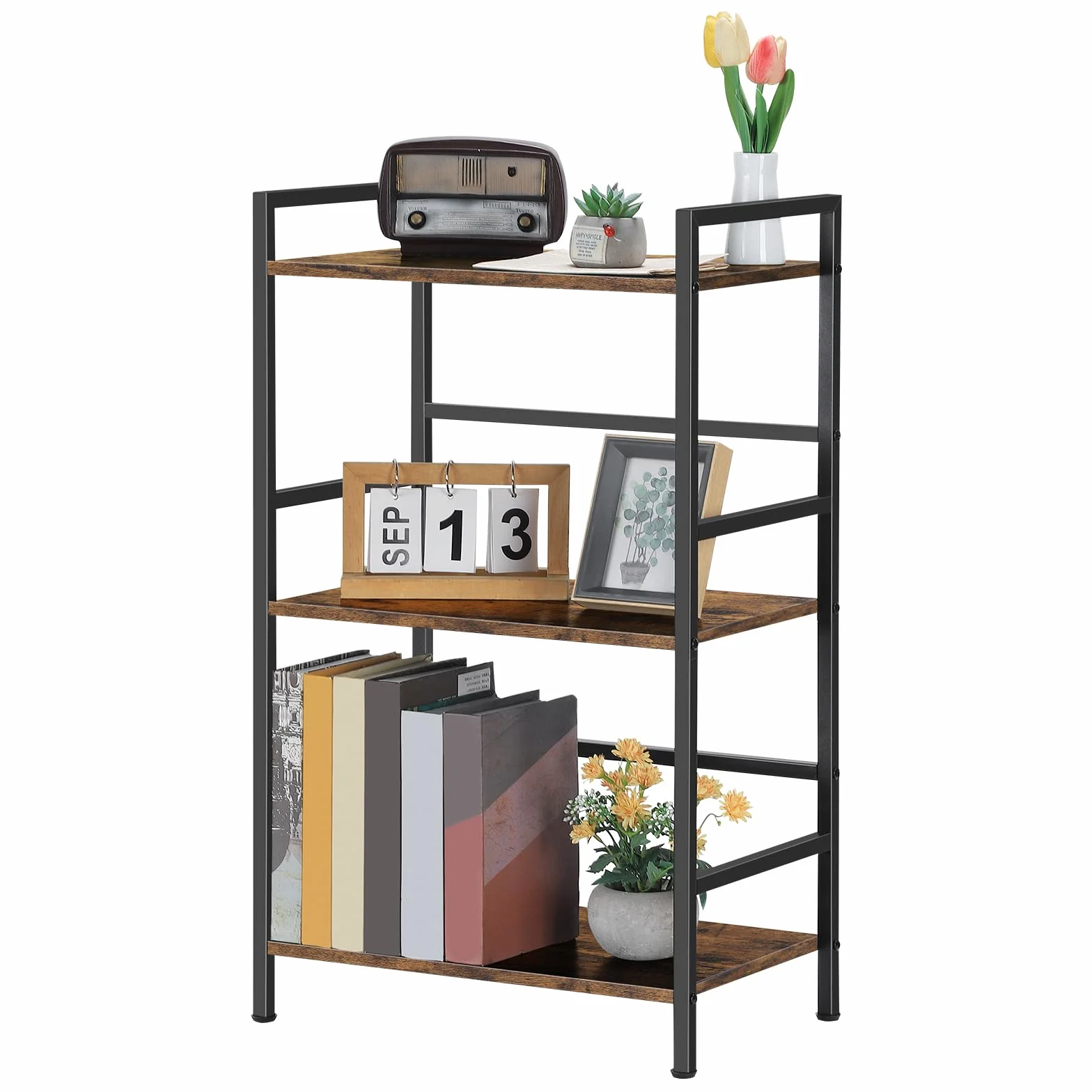 CADUKE Estantería con almacenamiento, estantería negra industrial de madera de 4 niveles, organizador de libros de oficina y estantes de almacenamiento para sala de estar y dormitorio