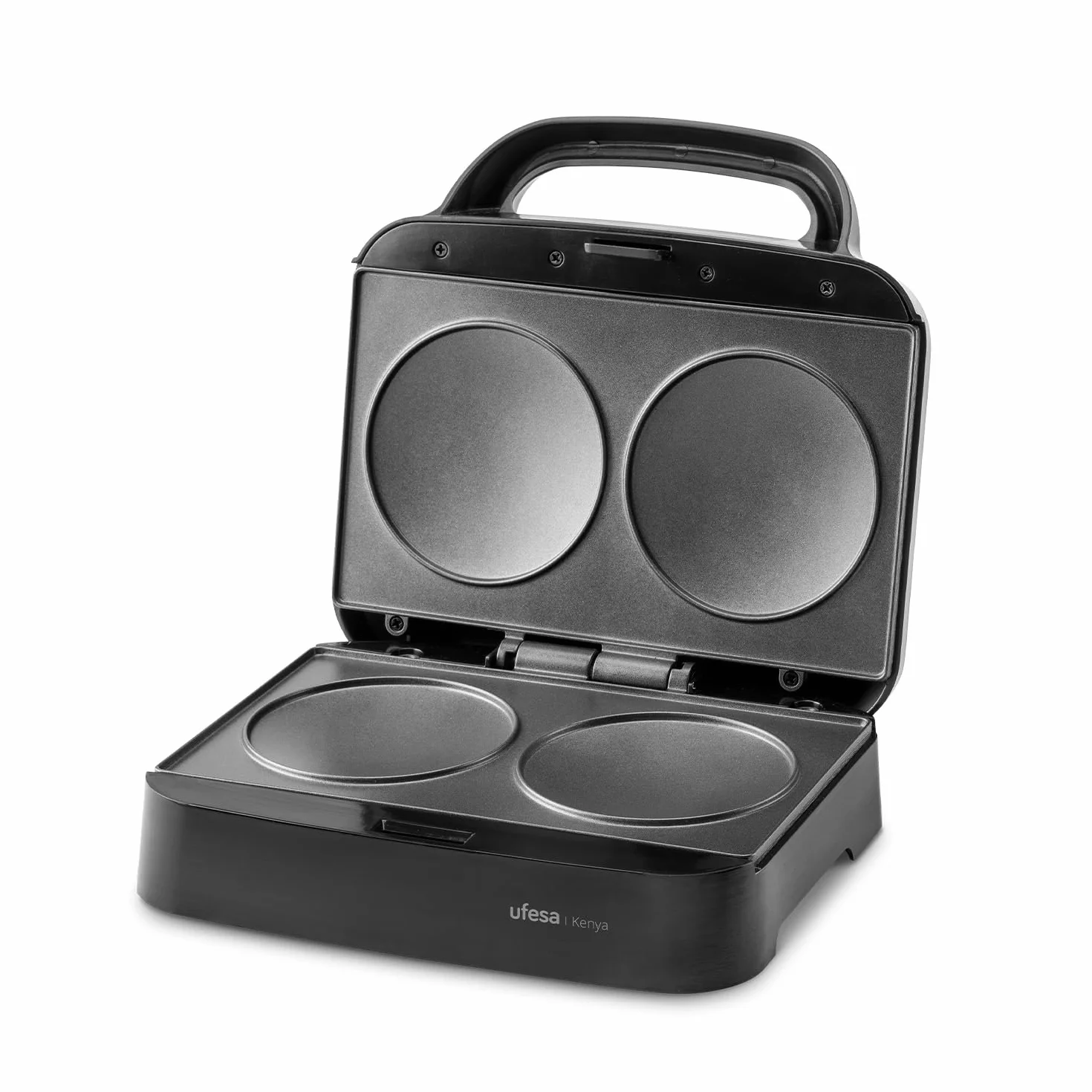 Ufesa Sandwichera Kenya 750W para Pancakes, Huevos y Arepas, Placas Redondas Antiadherentes, Compacta con Almacenamiento Vertical, Libre de PFOA, Acabados Inox, Sistema Recogecables