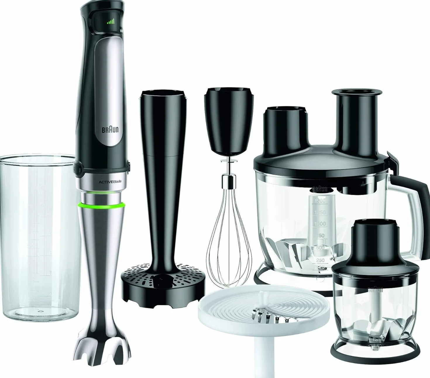 Braun Minipimer 7 - Batidora de Mano con Tecnología SplashControl, Sistema ActiveBlade para Alimentos Duros, Selección de Velocidad, Procesador 1,5L, Picadora, Vaso 600 mL, 1000 W, Negro (MQ7087X)