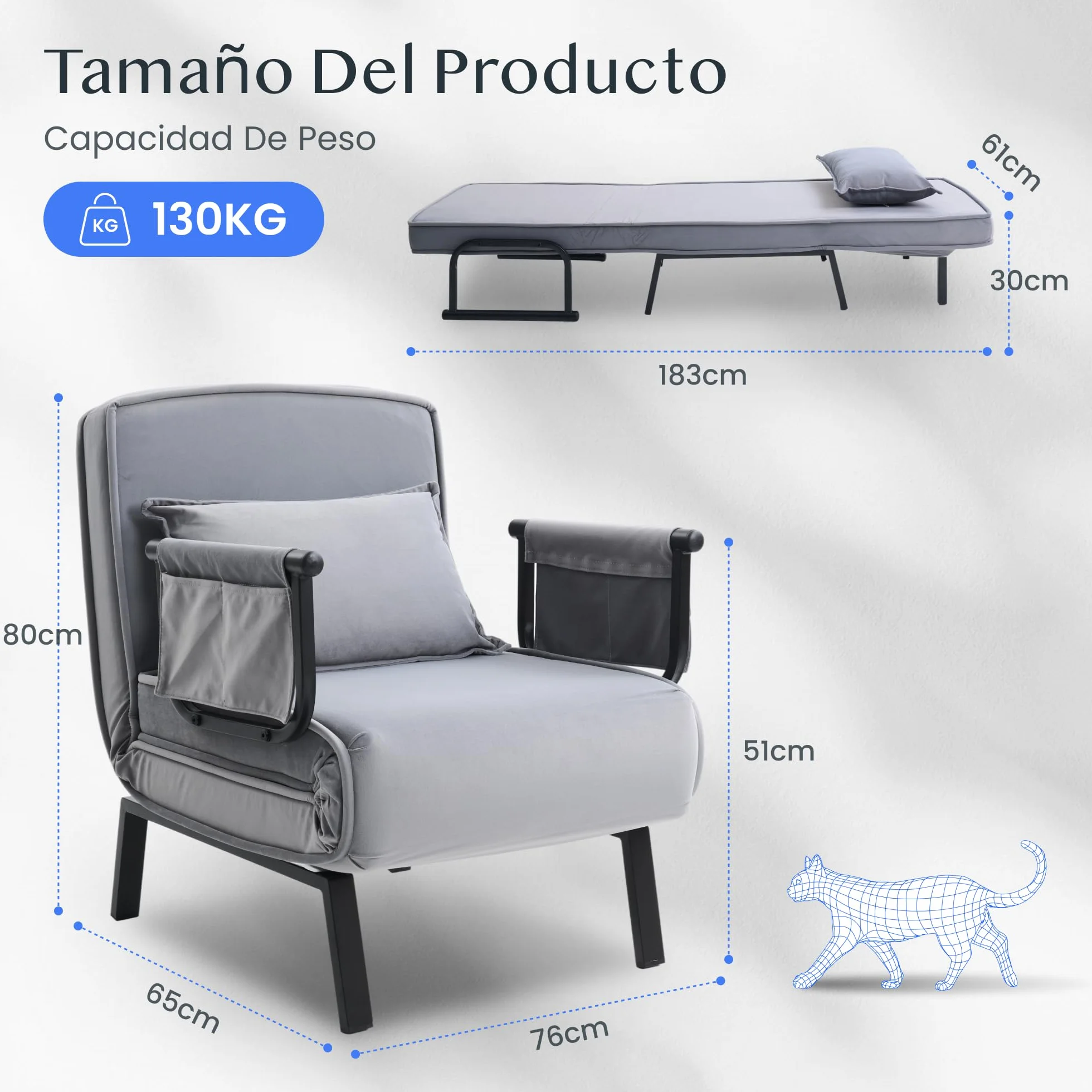 FLEXISPOT Sillón Cama 3 en 1 con función de Cama, Respaldo Ajustable, sofá Cama de Lino con Bolsillo Lateral, Patas Plegables, Ahorra Espacio para salón, Dormitorio u Oficina (Gris)