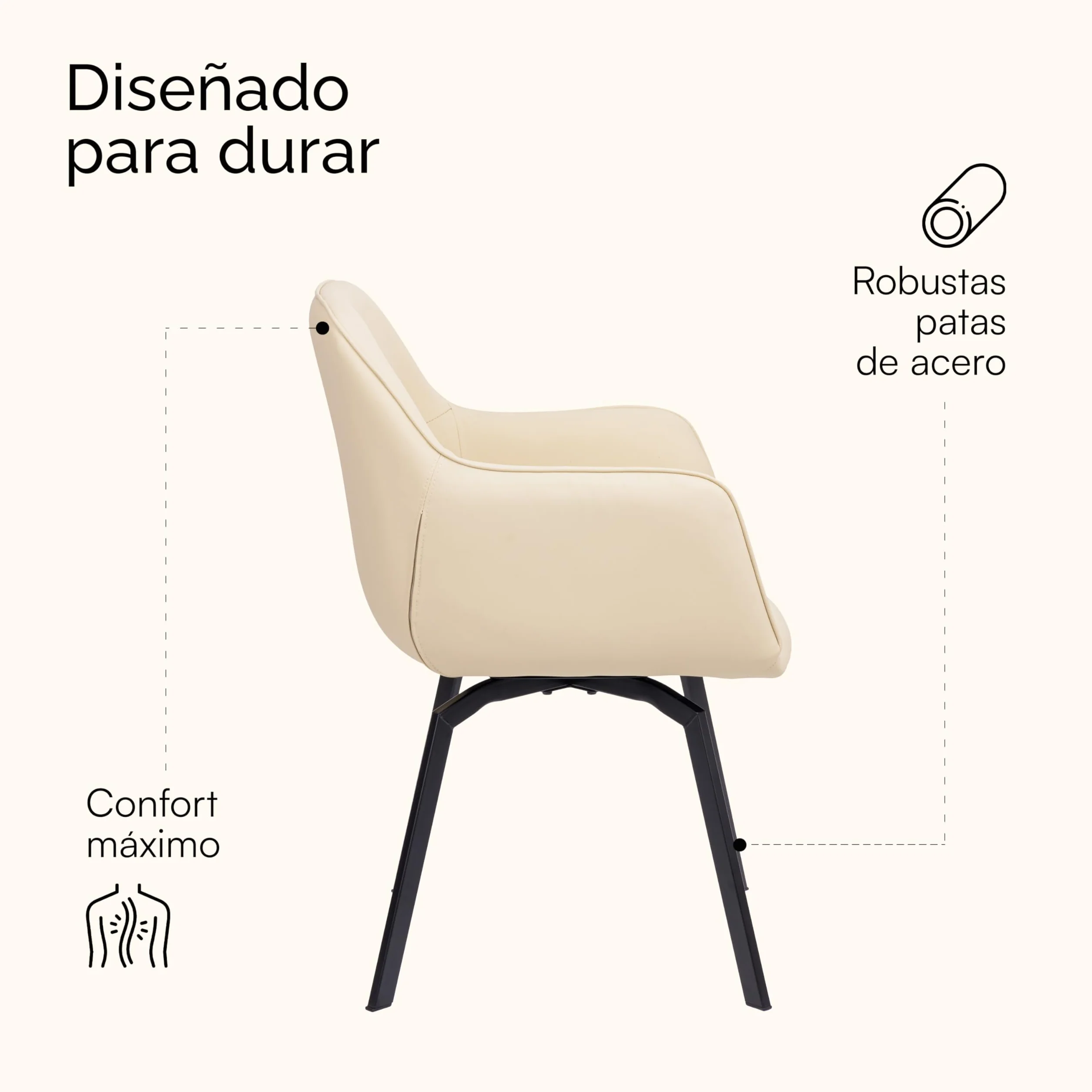 Sillón Giratorio Moderno Baroni Home con Tapicería de Cuero de Imitación, Patas de Acero Negro, Beige, 55x85x47 cm