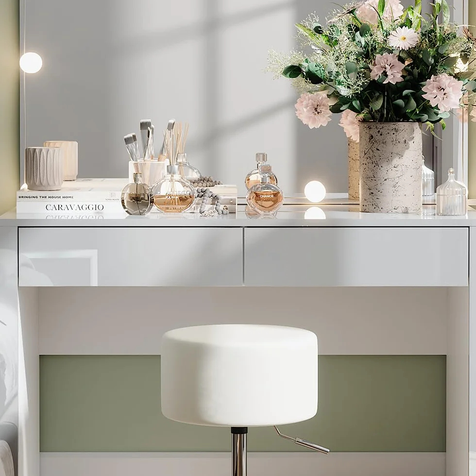 Vicco Tocador Annabelle, Blanco Alto Brillo/Blanco, 110 cm | con iluminación LED y taburete, Mantiene los productos de uso diario siempre al alcance de la mano