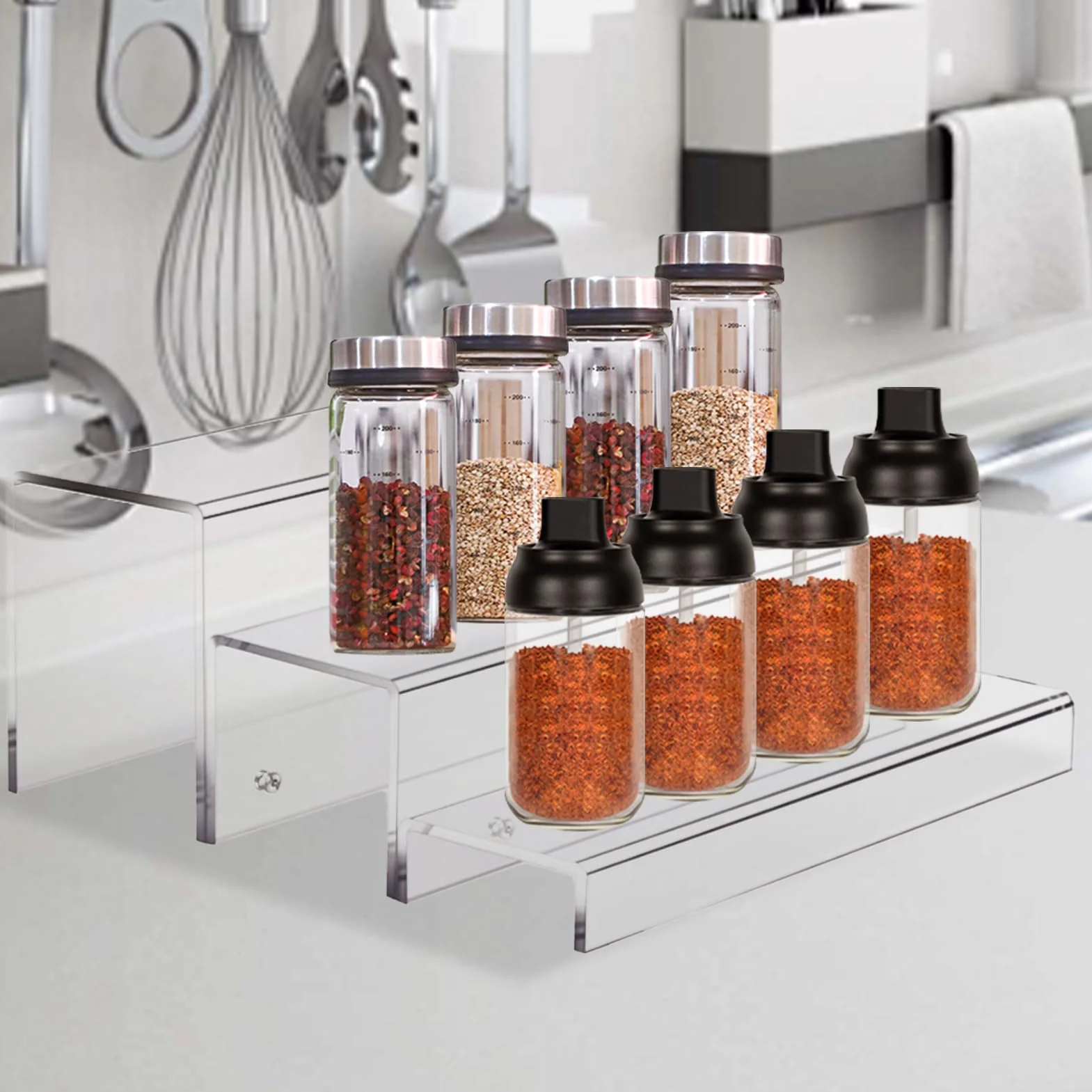 Expositor de botellas, éera alcohólica | elevadores acrílicos de 3 niveles para botellas, soporte de barra para organizador, estantes de almacenamiento encimera