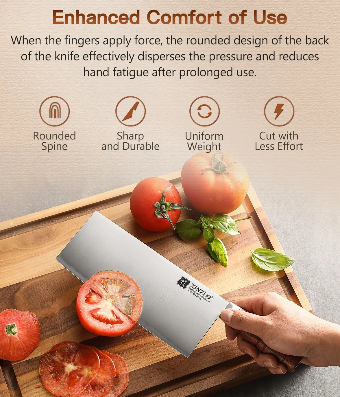 XINZUO 20,5cm Cuchillo de Cocina Chino Acero Compuesto de 3 Capas -Profesional Multifuncionales Afilado Cuchillo de Chef Acero Inoxidable -Mango Ergonómico de Red Wood -Para Carne, Pescado, Verduras