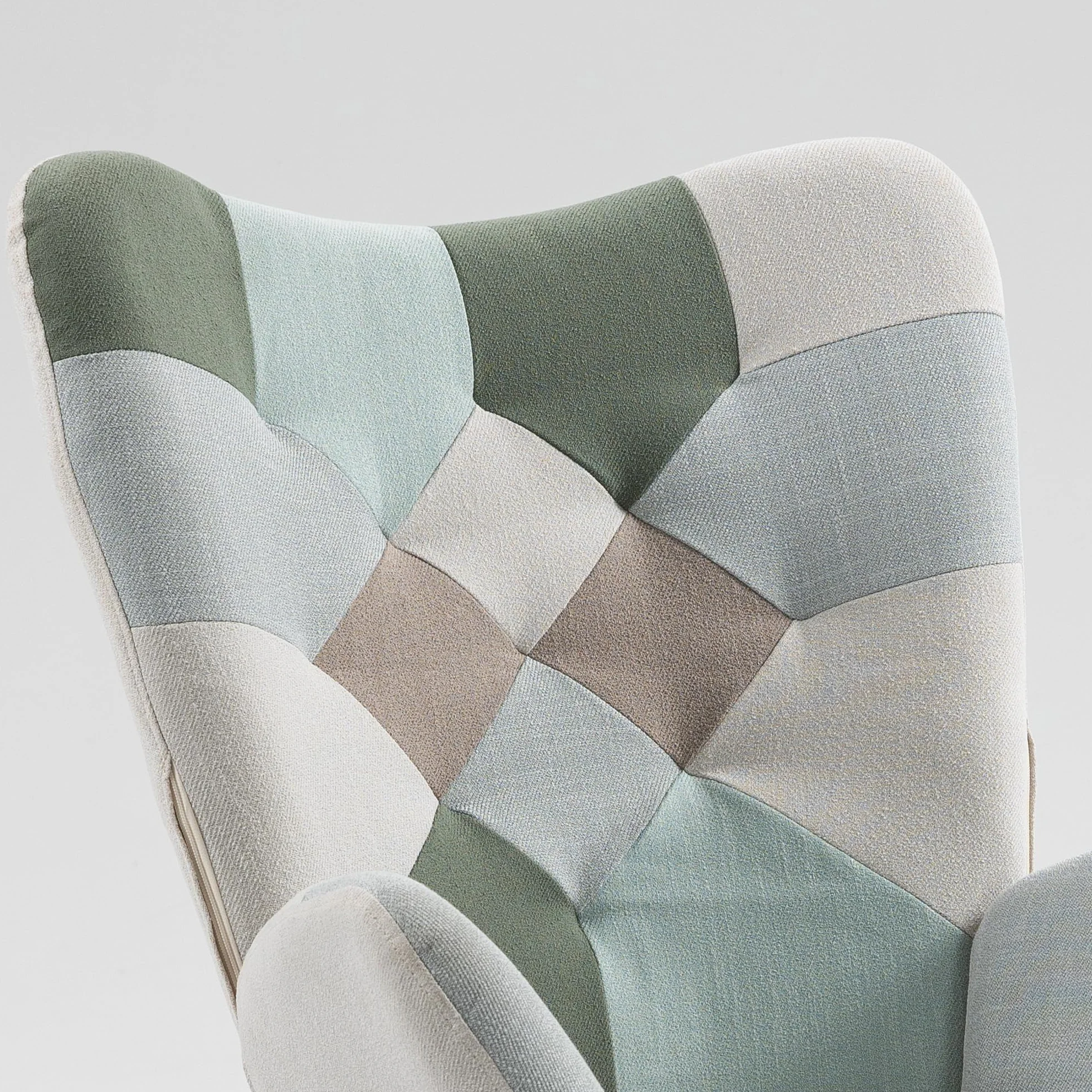 MEUBLE Cosy Sillón Relax, Mecedora Cómoda, Silla Balancín de Tela Patchwork con Patas de Madera y Metal para Salón, Adorno de Botones