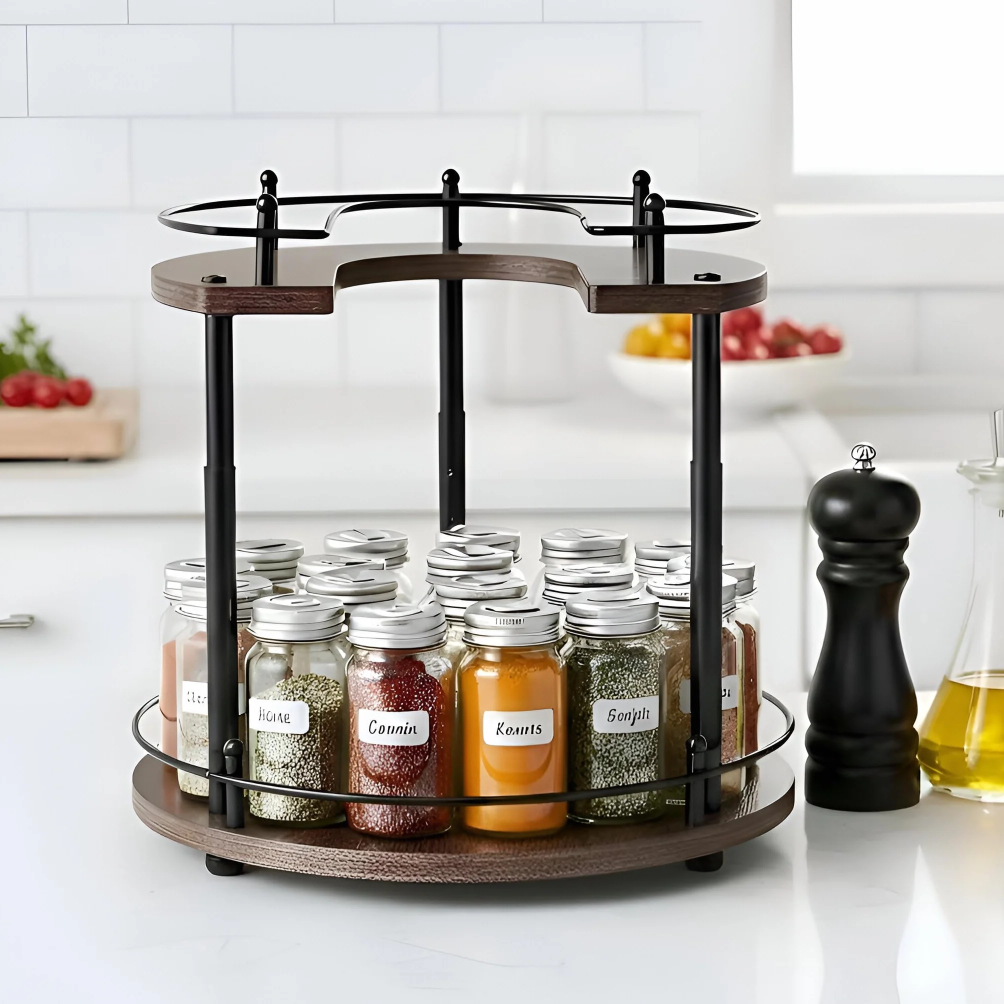 Estante de Especias Giratorio de Madera de 2 Niveles Lazy Susan | Organizador giratorio madera 35 cm, bandeja ajustable en altura para armario, encimera y despensa, diseño compacto y versátil