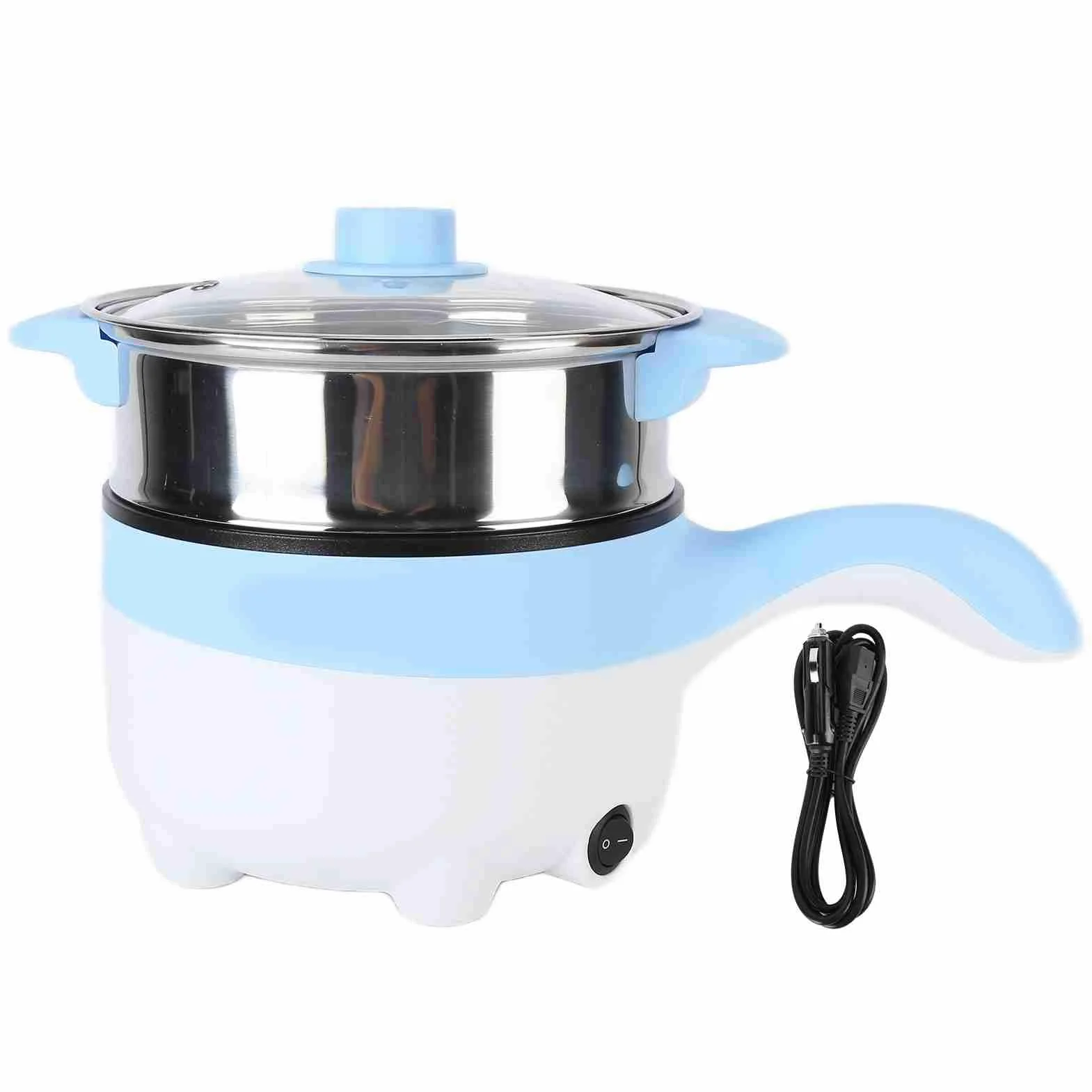 Olla De Cocina Eléctrica Para Coche 24V 2L Olla Caliente Mini Sartén Antiadherente De Acero Inoxidable Con Tapa Para Huevos, Fideos, Pasta(Sartén eléctrica 24V 2 litros azul cielo)